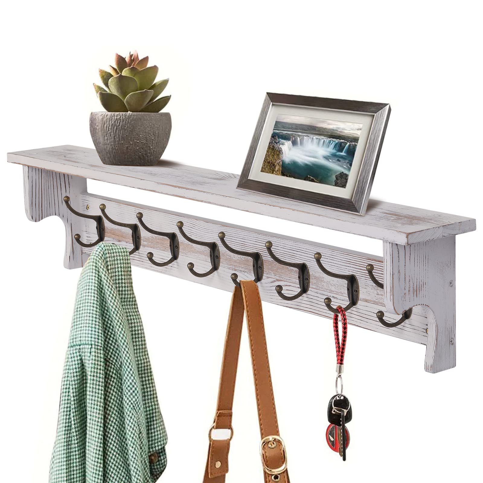 Bekrvio Perchero de pared con estante, estantería de entrada de madera rústica con 8 ganchos para ropa, estilo rústico, colgador de pared flotante (90 cm de largo)
