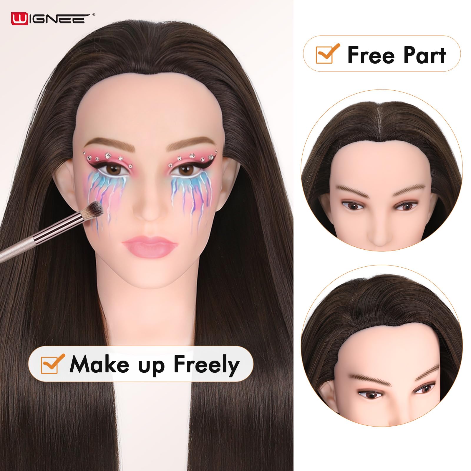 WIGNEE Cosmetology Mannequin Kopf mit realistischem Gesicht – Hitzebeständiges synthetisches Haar für die Stylingpraxis, Make-up-freundlicher Trainingskopf mit geringem Shedding, 28 Zoll (4)