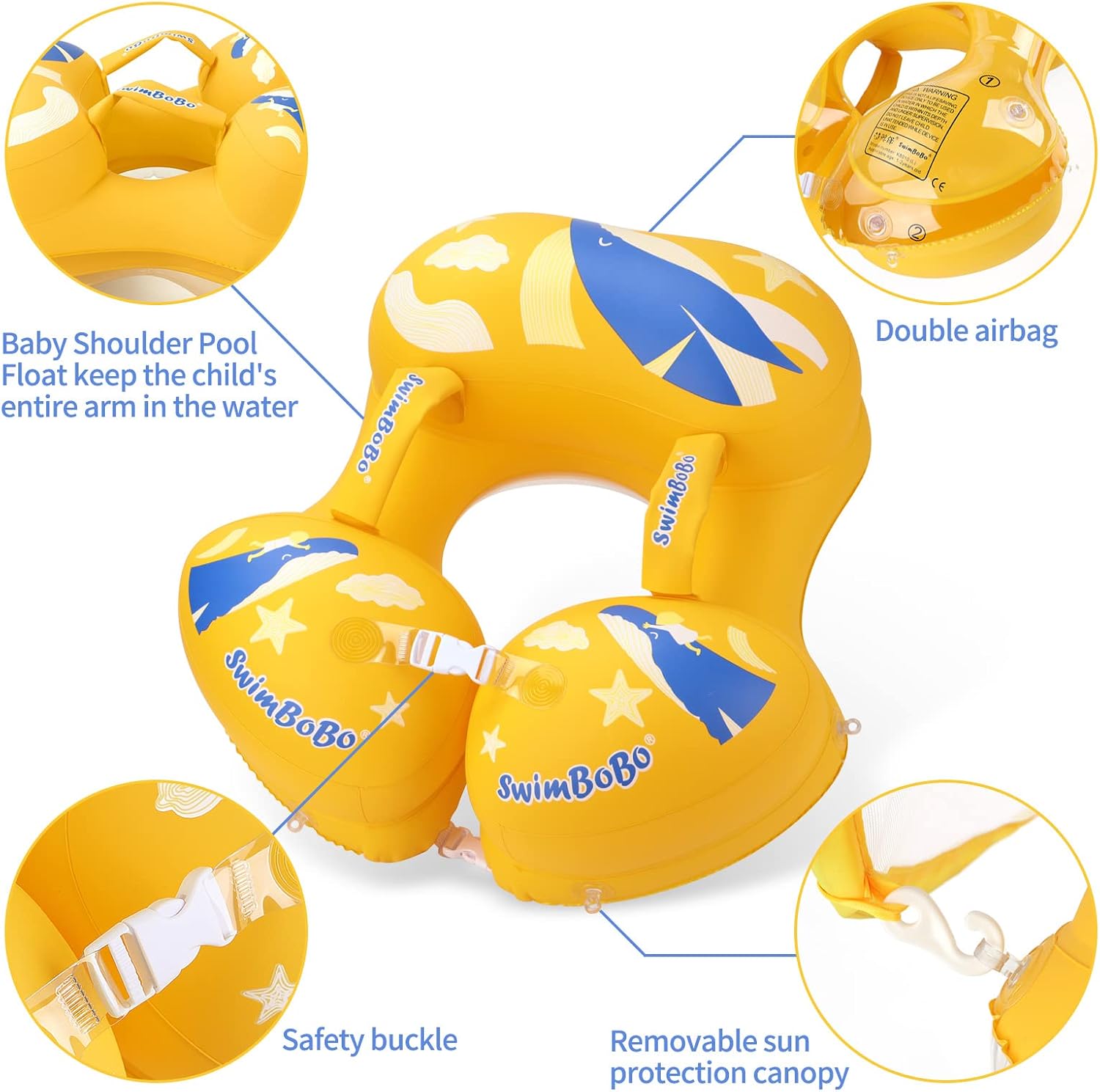 Inflatable Baby Shoulder Pool Float with Canopy for Toddler Learn Swimming Training,30-70lbs Children,Sea Beach Pool (X-Large, Yellow)