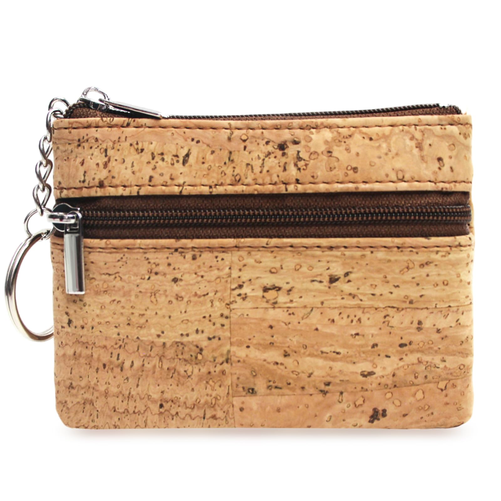 Eco-friendly Natural Cork Coin Purse, Boshiho Mini Coin Change Wallet Credit Card Holder Zipper Pouch Vegan Wallet with Key Ring Keychain, Tan, 4.3 x 3.3 x 0.2 inch, Fashion
