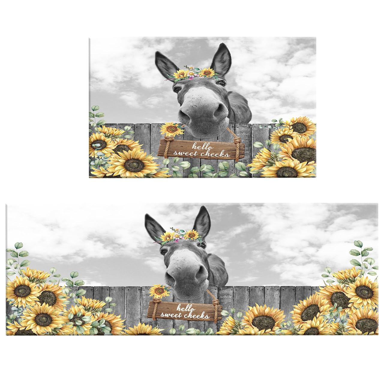 HVEST Farmhouse Donkey Kitchen Rugs Sets of 2,Western Wildlife and Yellow Floral Sunflower Non-Slip Area Rug Rustic Wood Runner Rug for Bedroom Living