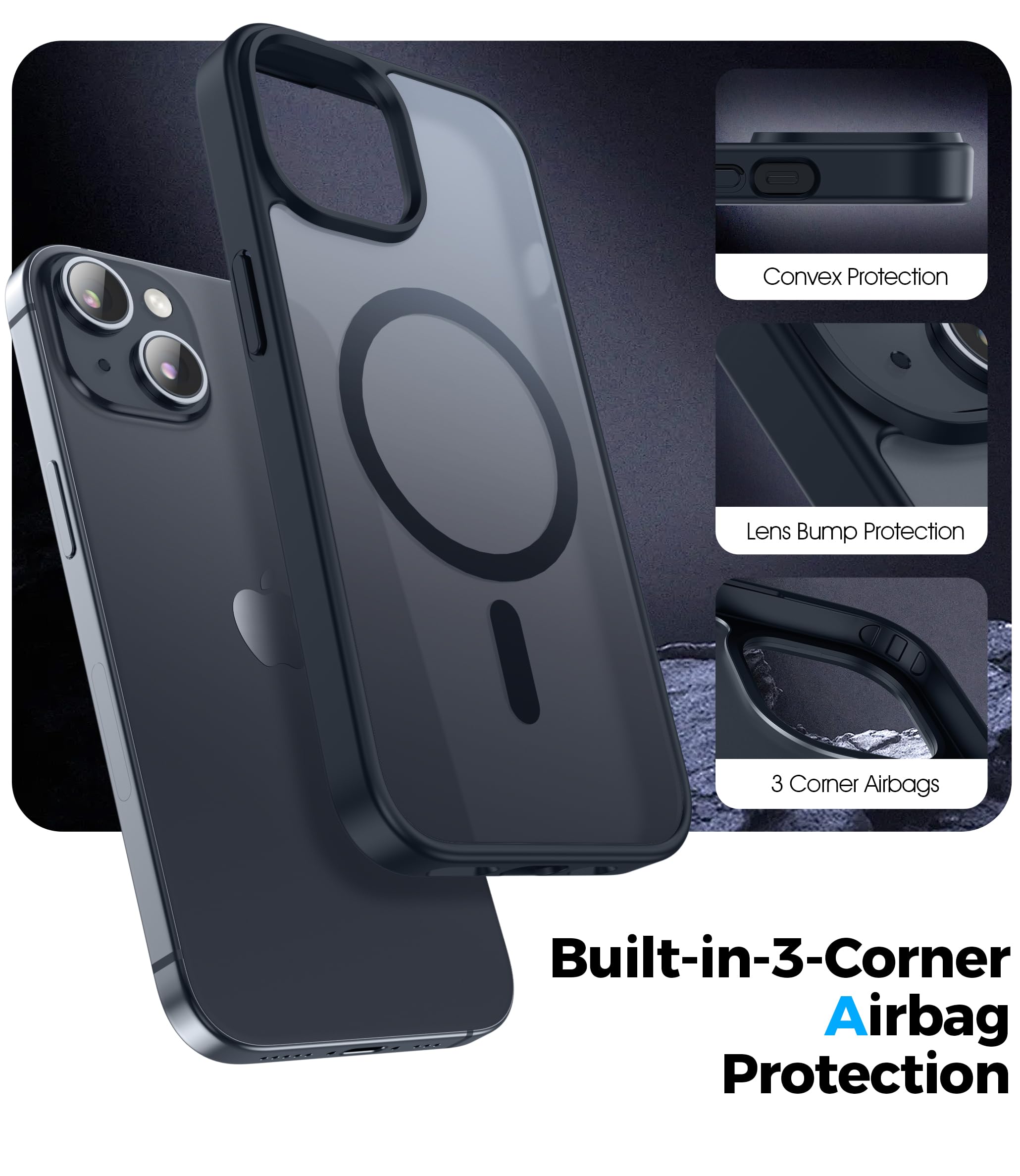 Opkiegrn Cover Magnetica iPhone 13/14 / 15 / 16e, Compatibile con MagSafe, Protezione Antiurto di Livello Militare, Custodia Traslucida Acrilico Posteriore Protettiva Sottile Case, Nero