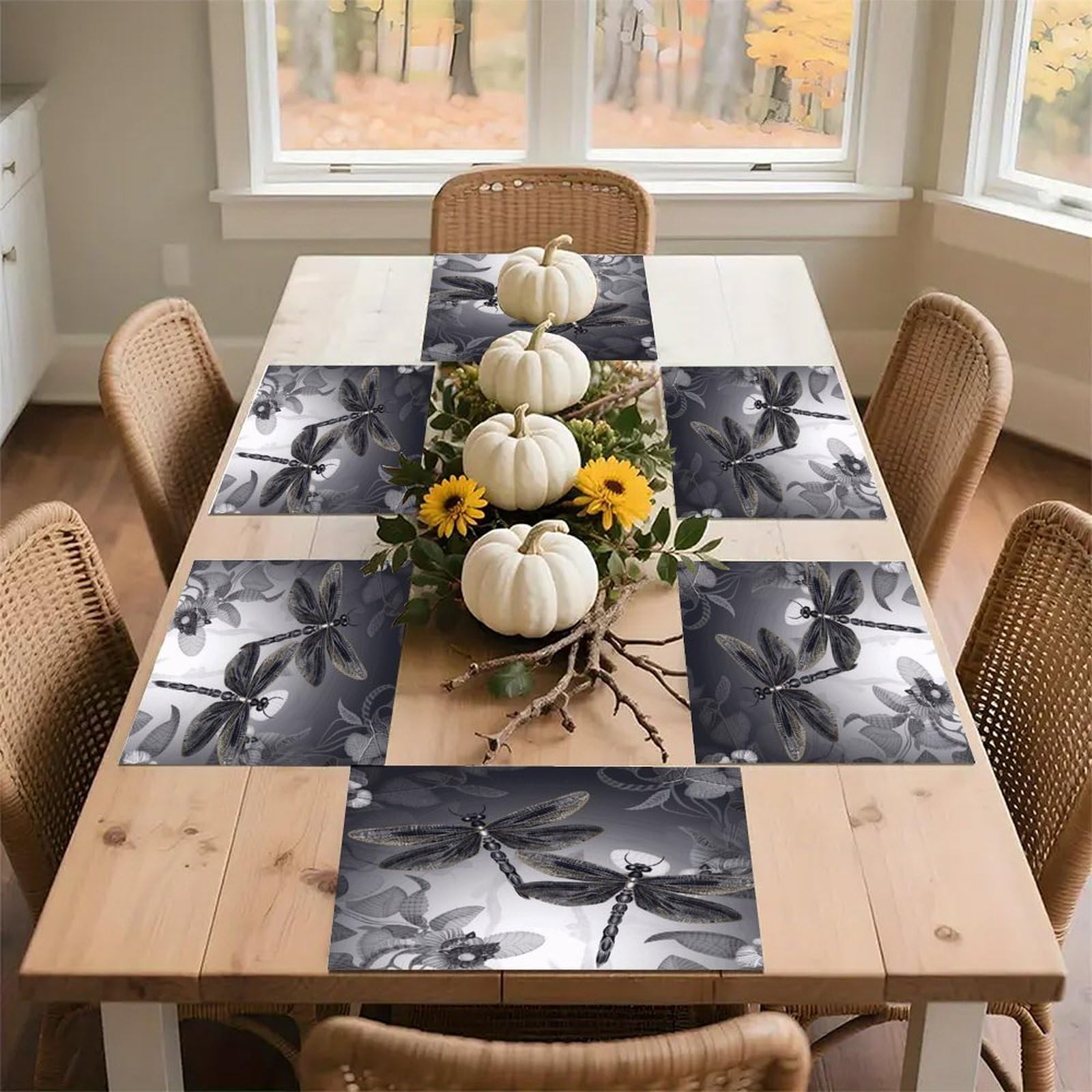 Dragonflies Grey Placemats Non-Slip Heat Resistant Table Mats Flax Washable Cloth Place Mats Easy to Clean Premium Placemat for Kitchen Dining Table Decor Party Outdoor