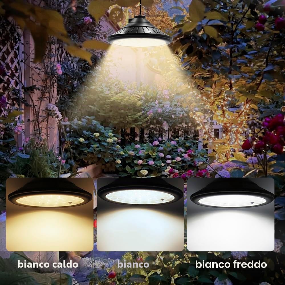 2 Lampada a Sospensione Solari con Telecomando, Luci Solari a Sospensione con Sensore di Movimento, 4 Luminosità, 3200K 4800K 5200K Dimmerabile, IP66 Impermeabile per esterno, Interno, Giardino