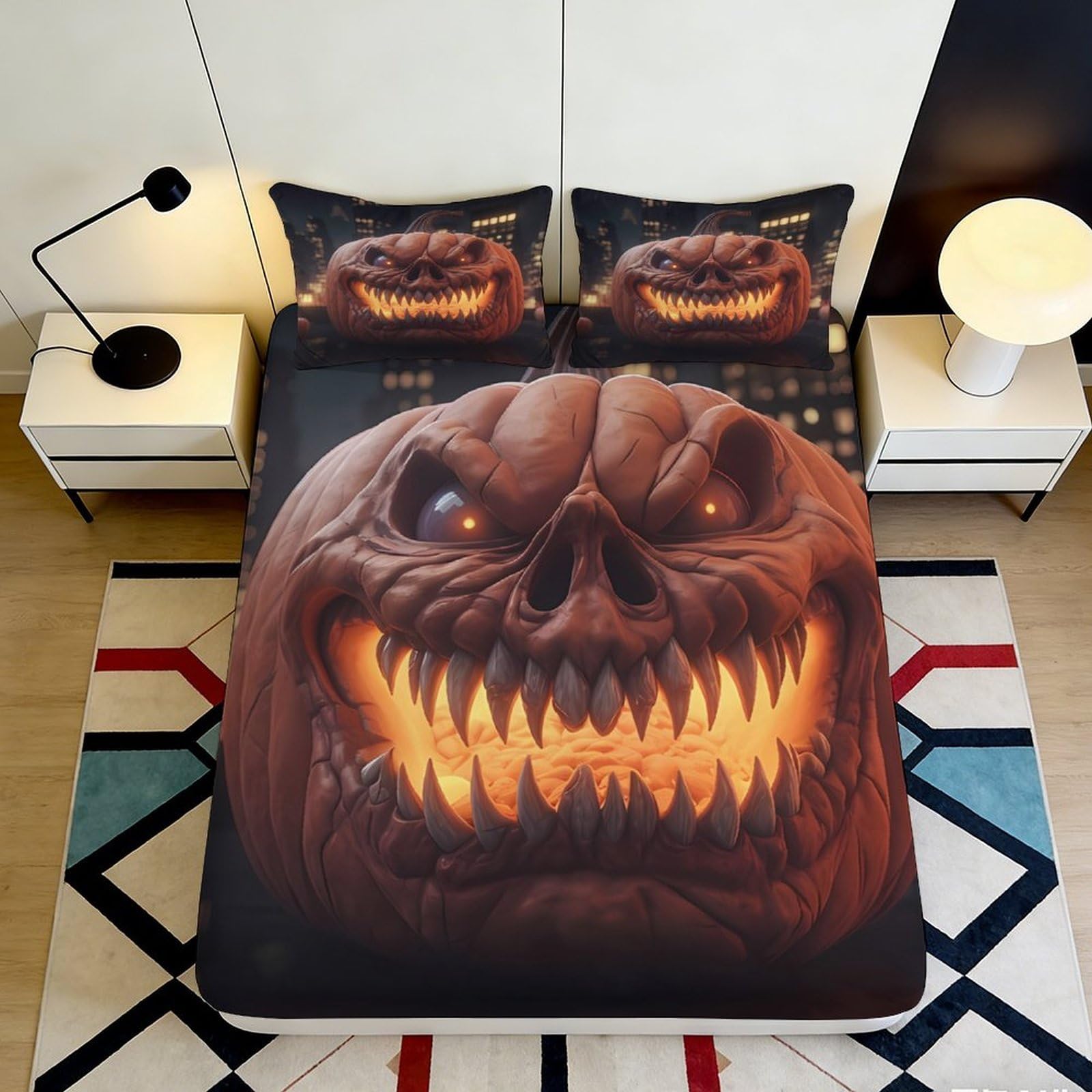 3D Printed Halloween Pumpkin Fitted Sheet Microfiber Non-Slip Deep Pocket Bedroom Bedding Halloween Mattress Fitted Cover Washable 140x200x25cm
