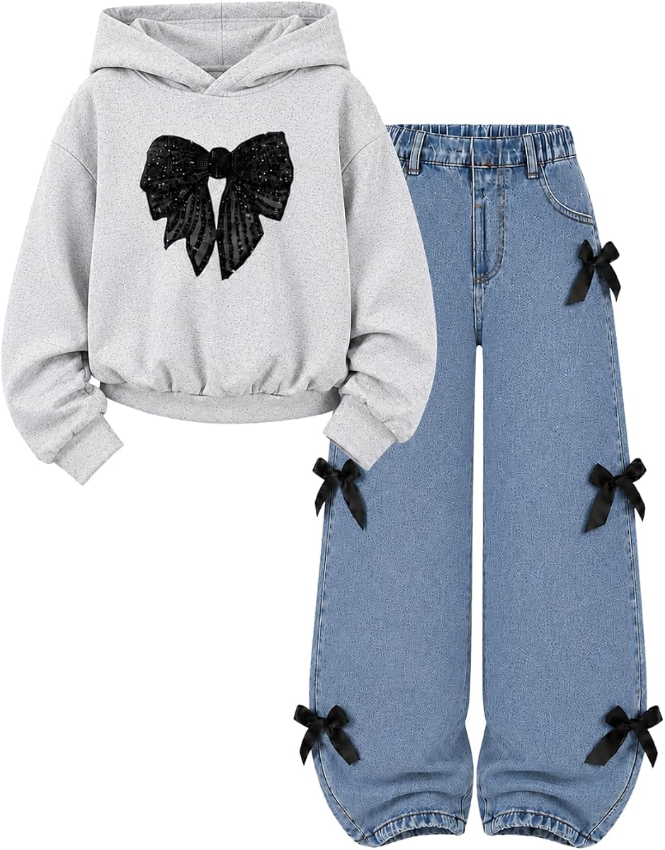 Sudadera con capucha y lazo de Tween Girls + Conjunto de 2 piezas de vaqueros, talla 7-12 años