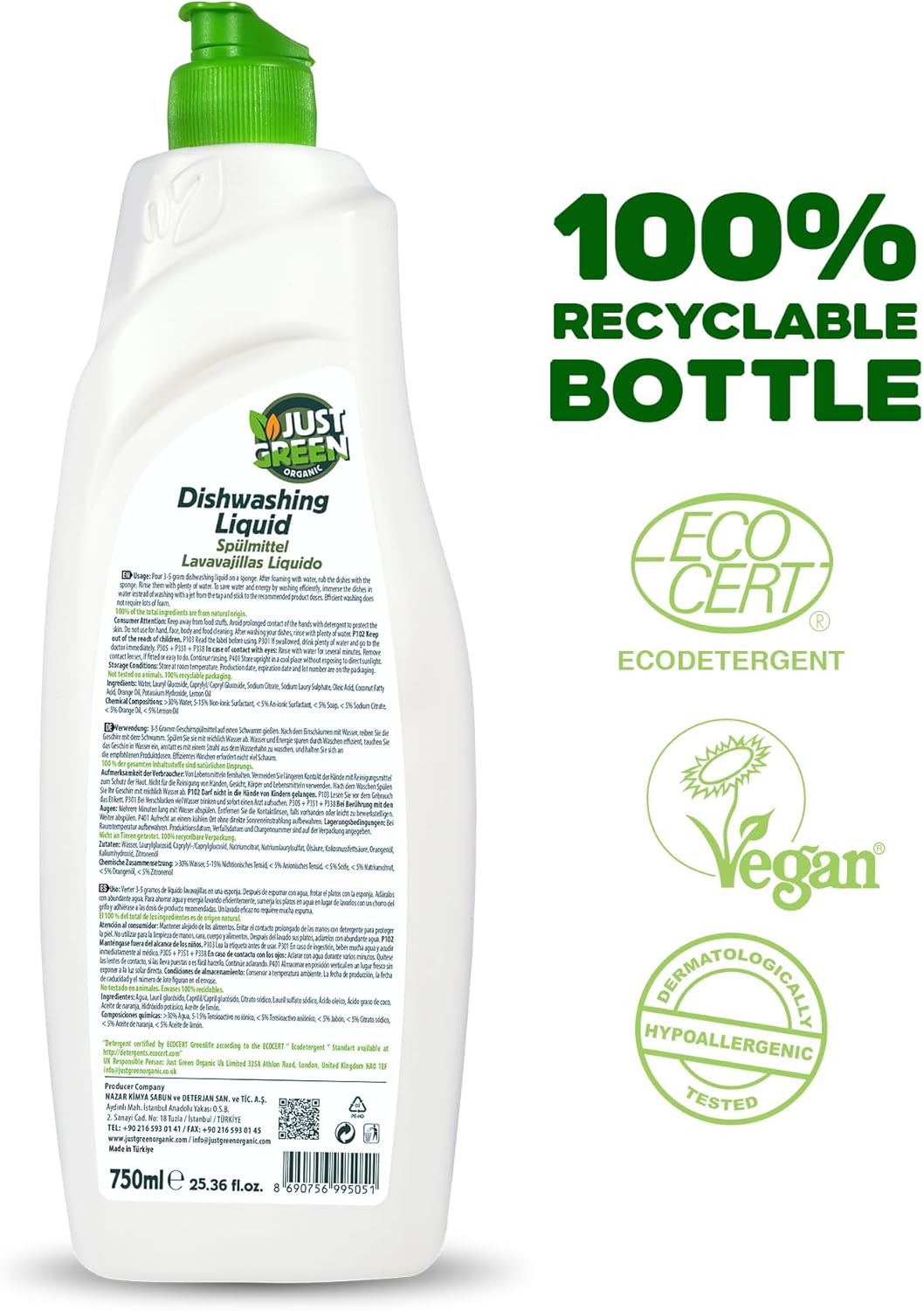 Dish Soap, Plant-Based Dishwashing Liquid, Non-Toxic, Hypoallergenic, EcoCert Certified, Vegan, Grease-Cutting, Orange Scent, 25.3 fl oz (750 ml) - 2 Pack