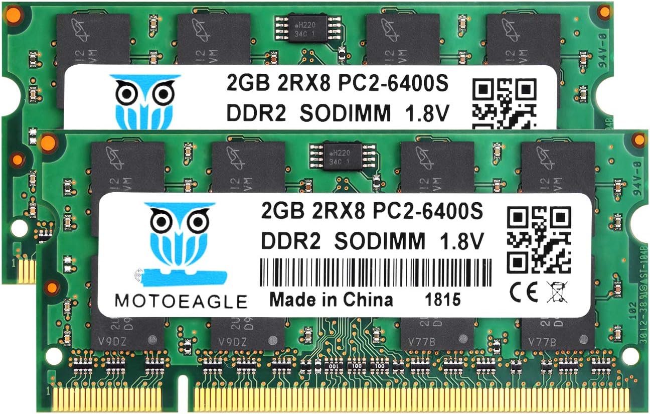 DDR2 800MHz Sodimm 4GB Kit (2GBX2) PC2 6400 6400S RAM 1.8V CL6 200-Pin Non-ECC Unbuffered Laptop Memory Modules