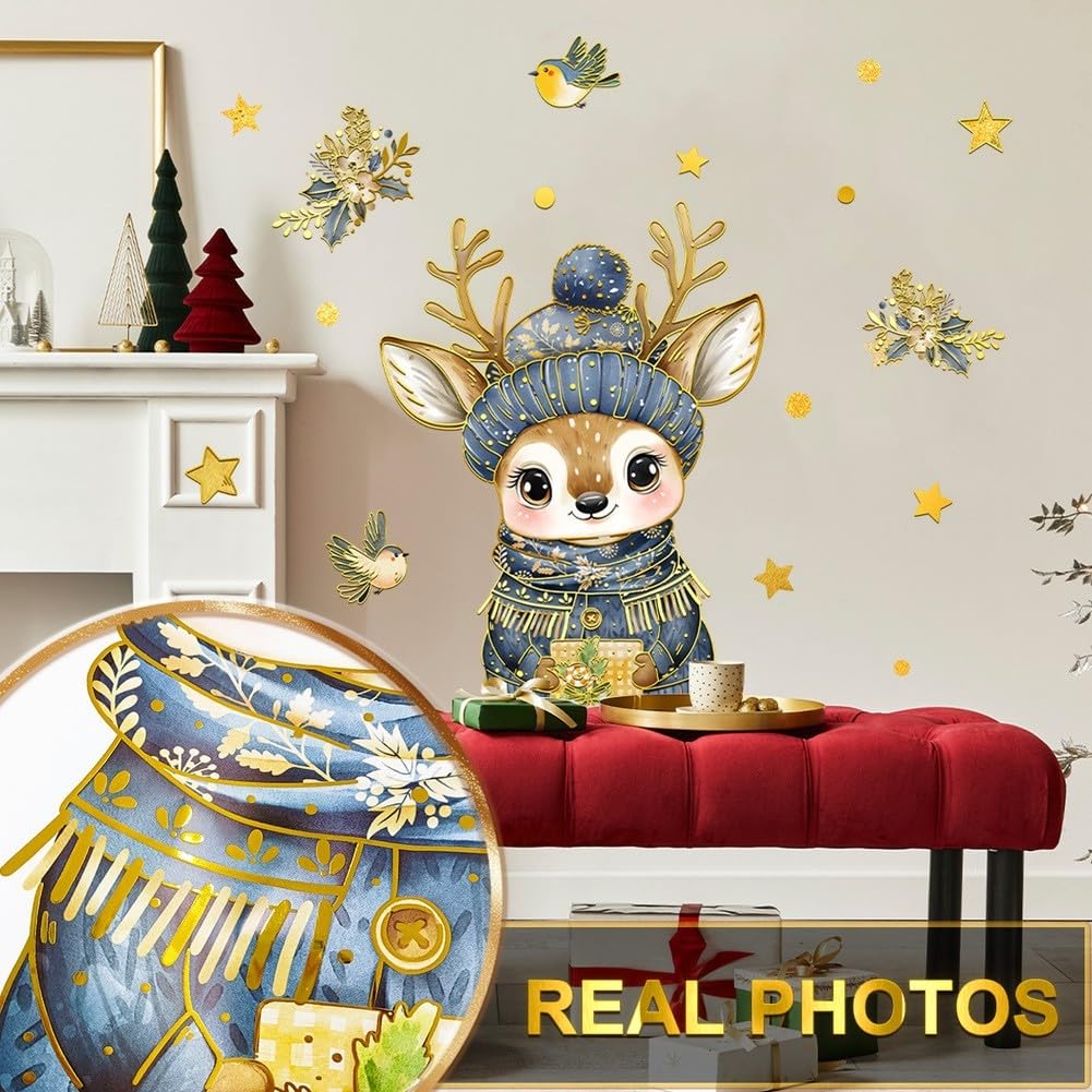 Calcomanía de ventana de Navidad de dibujos animados de alce dorado de PVC adhesivo de pared reutilizable para decoración del hogar de temporada 86 x 95 cm