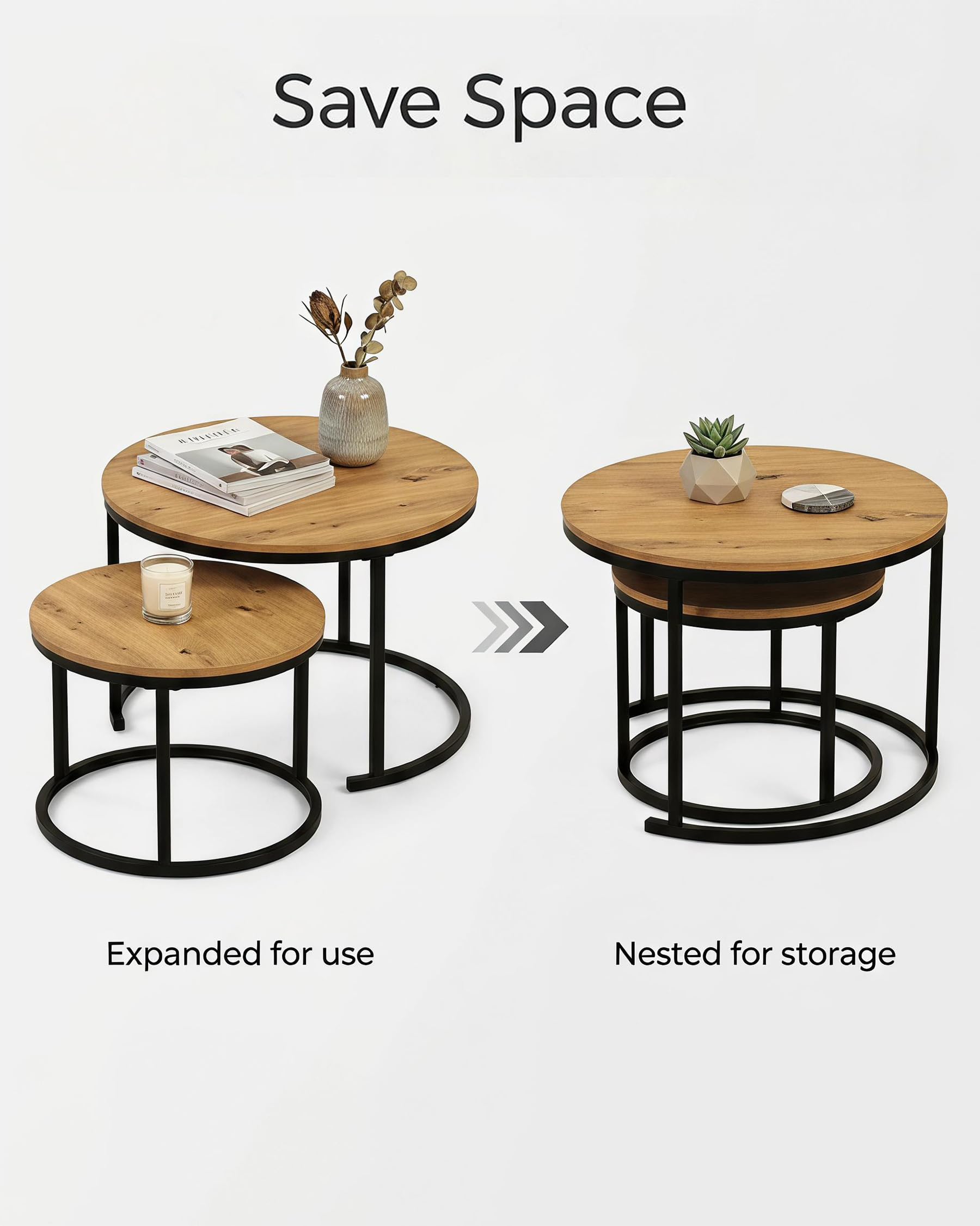 Couchtisch Rund Holz Beistelltisch Couch 2er Set 70cm Coffee Table | Wohnzimmertisch Rund Holz mit schwarzem Metallrahmen Couchtisch 70 x 70 mit natürlichen Holztrukturen
