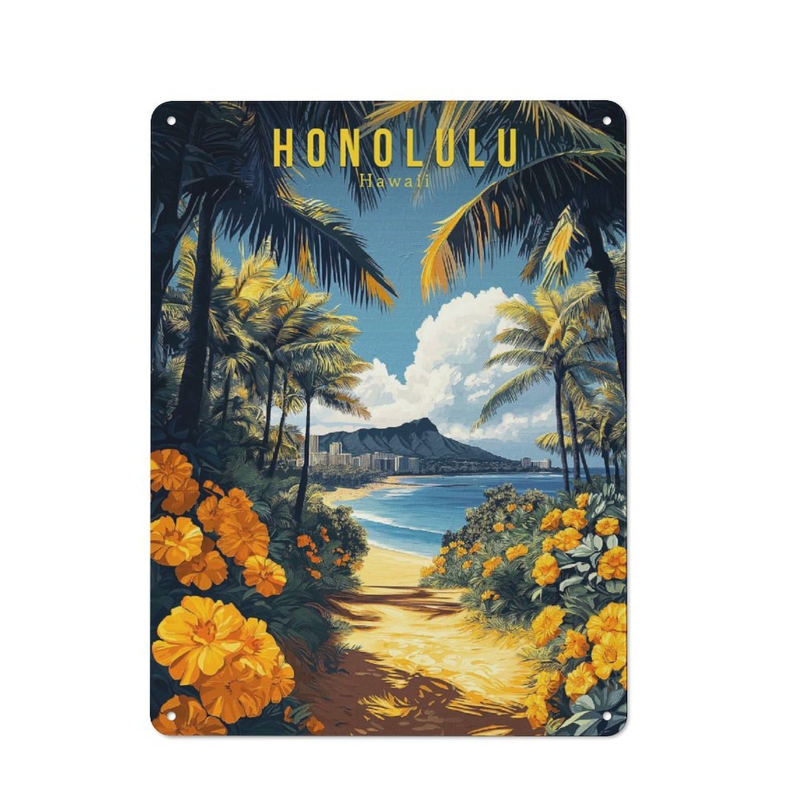 Junmoney Style-9 Honolulu Hawaii Travel Retro Metal Wall Decor 40X30cm, Tin Wall Sign For Coffee Bar, Small Shop Or Dining Room