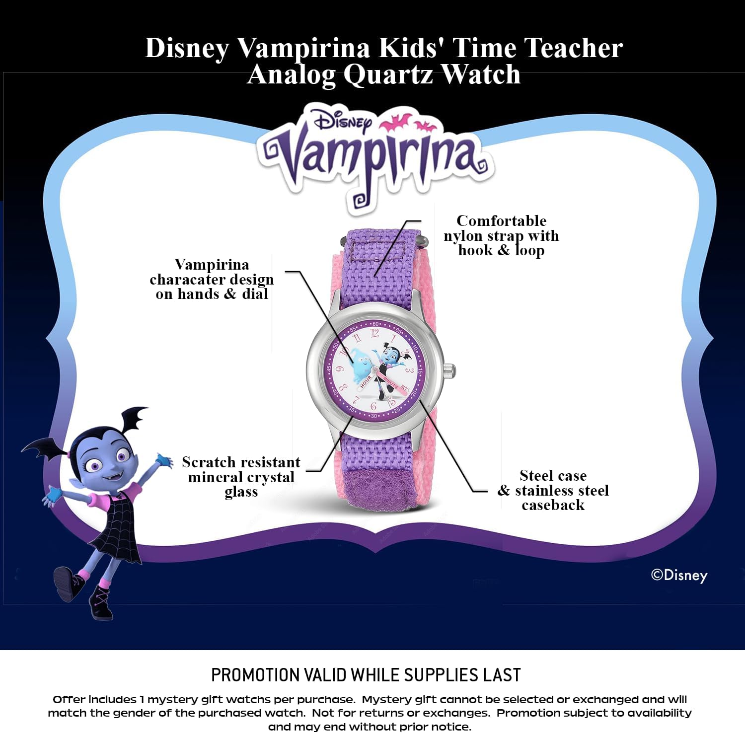 Disney Junior Vampirina Watch for Kids 3–7 – Fun Character Dial – for Kids Who Love Spooky Adventures – Silver Bezel and Purple-Pink Nylon Strap – Buy and GET 1 Free Mystery Watch