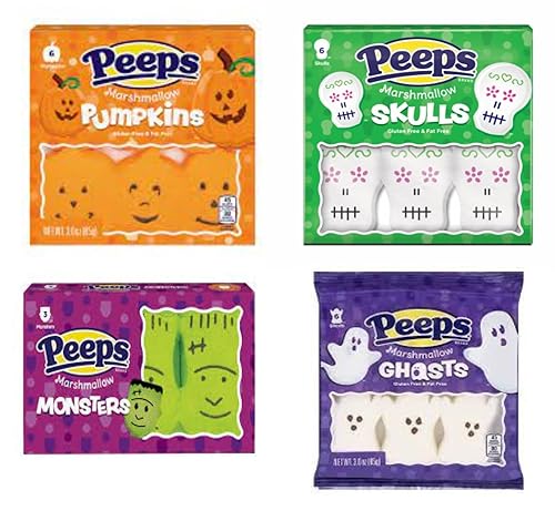 Paquete de 4 Variedad de Halloween Peeps Fantasmas, monstruos, calabazas y calaveras, 3 onzas
