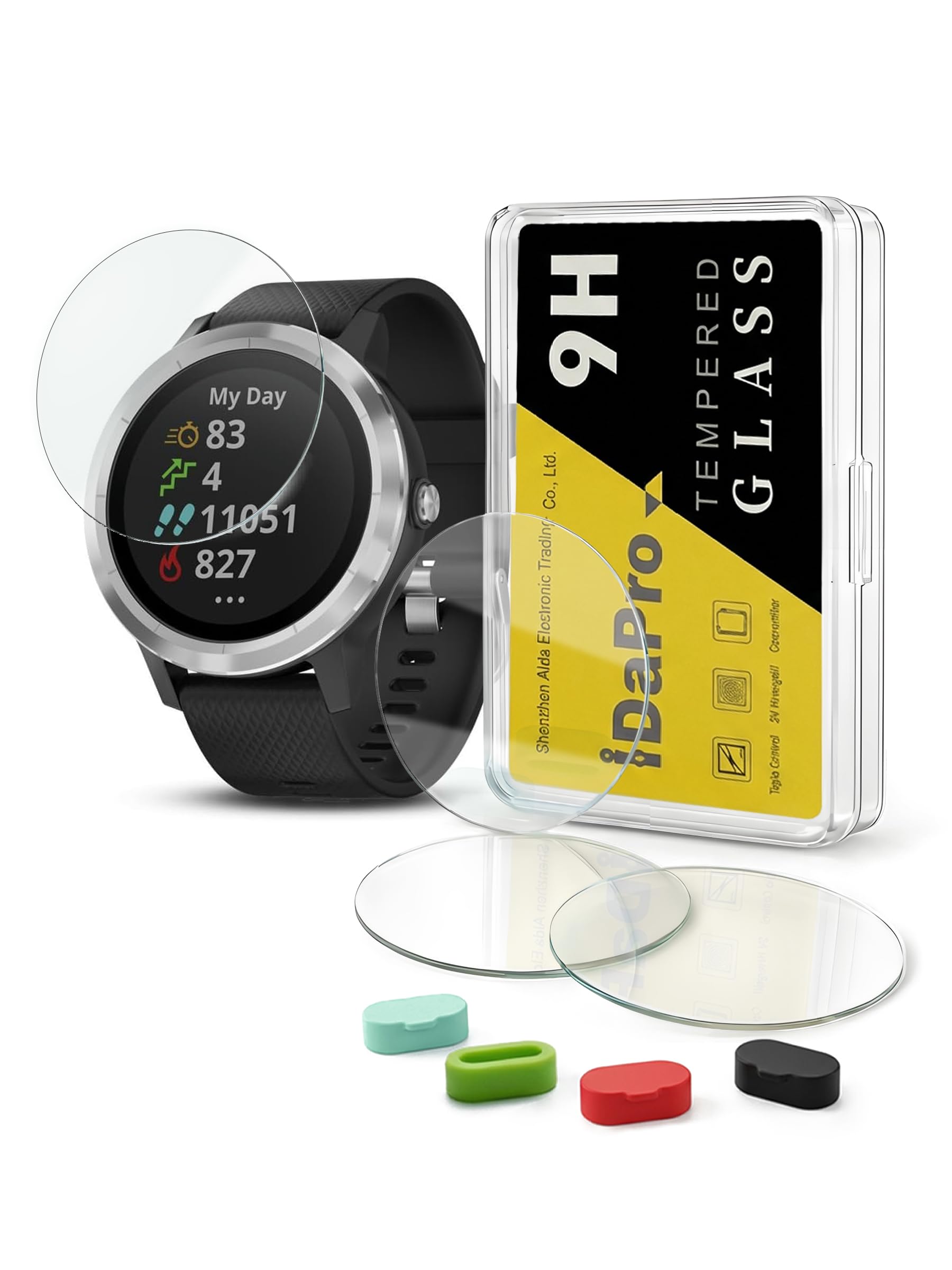 [4 Pack] Screen Protector for Garmin Vivoactive 3 Watch (Not for Vivoactive 3 Music) + Silicone Anti-dust Plugs Tempered Glass Anti-Scratch Bubble-Free Easy Installation