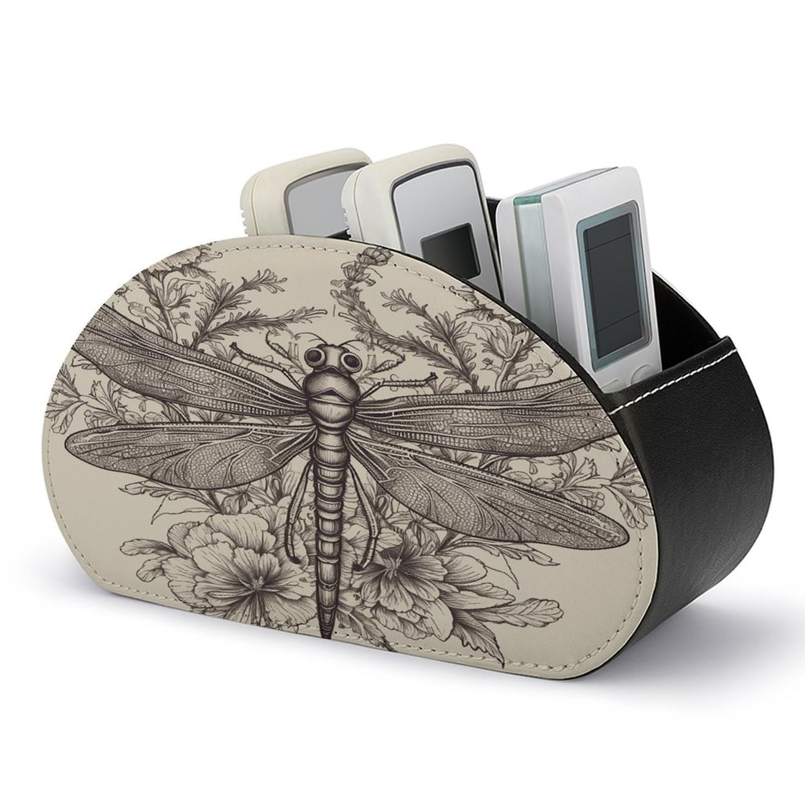 VstaDank Hand Drawn Floral Dragonfly Remote Control Holder with 5 Compartments PU Leather Remote Caddy Desktop Organizer Store TV Remote Control Storage Box for Home Office Desk Nightstand