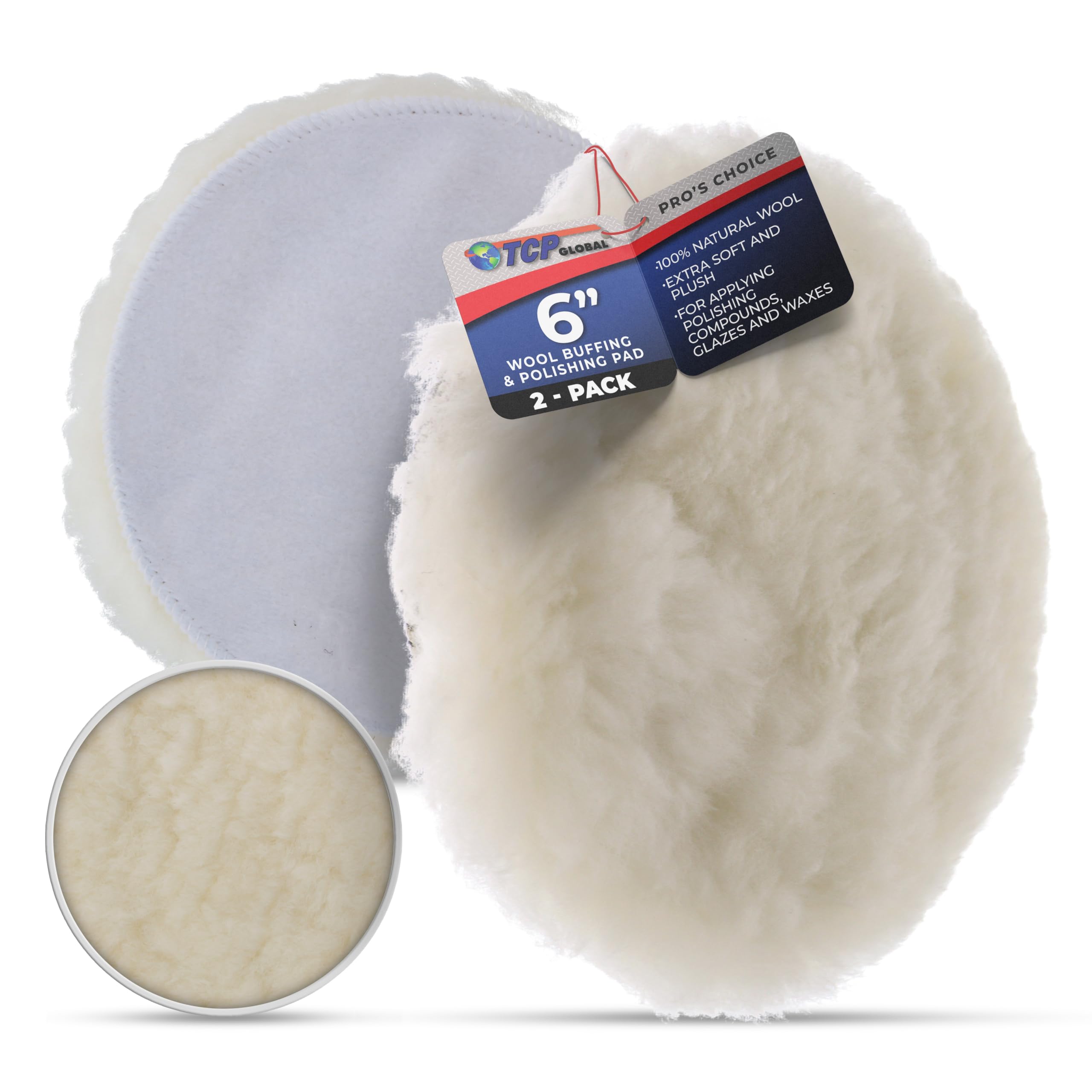 TCP Global - Tampone per Lucidare, Cuscinetto per Lucidatura in 100% Lana Naturale, 15 cm