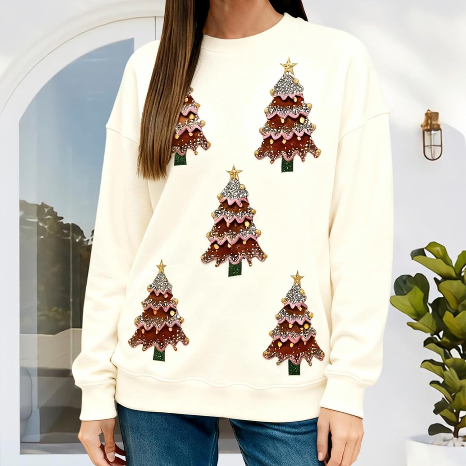 Argeousgor Women Sequin Christmas Sweatshirts Funny Graphic Printed Crewneck Side Slit Sparkly Glitter Pullover Tops - Image 4