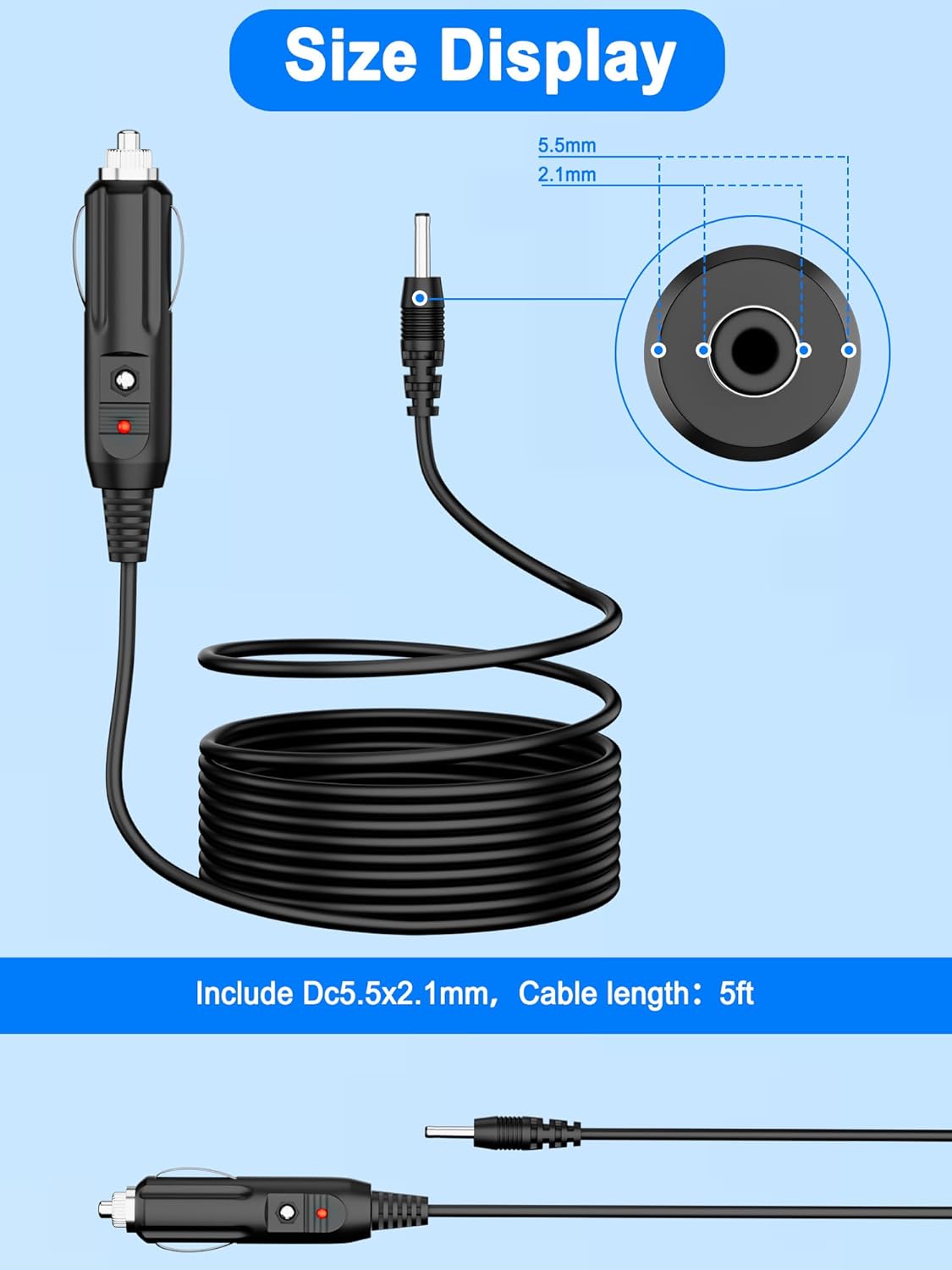Diagram showing DC plug dimensions 5.5mm x 2.1mm and 5ft cable length