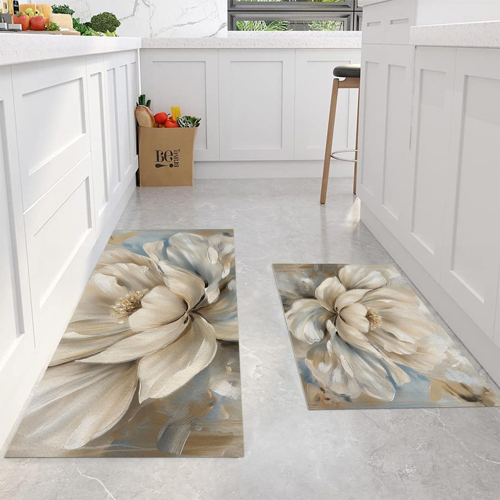 Alfombras de cocina antideslizantes y antifatiga lavables de diseño floral beige (pack de 2)