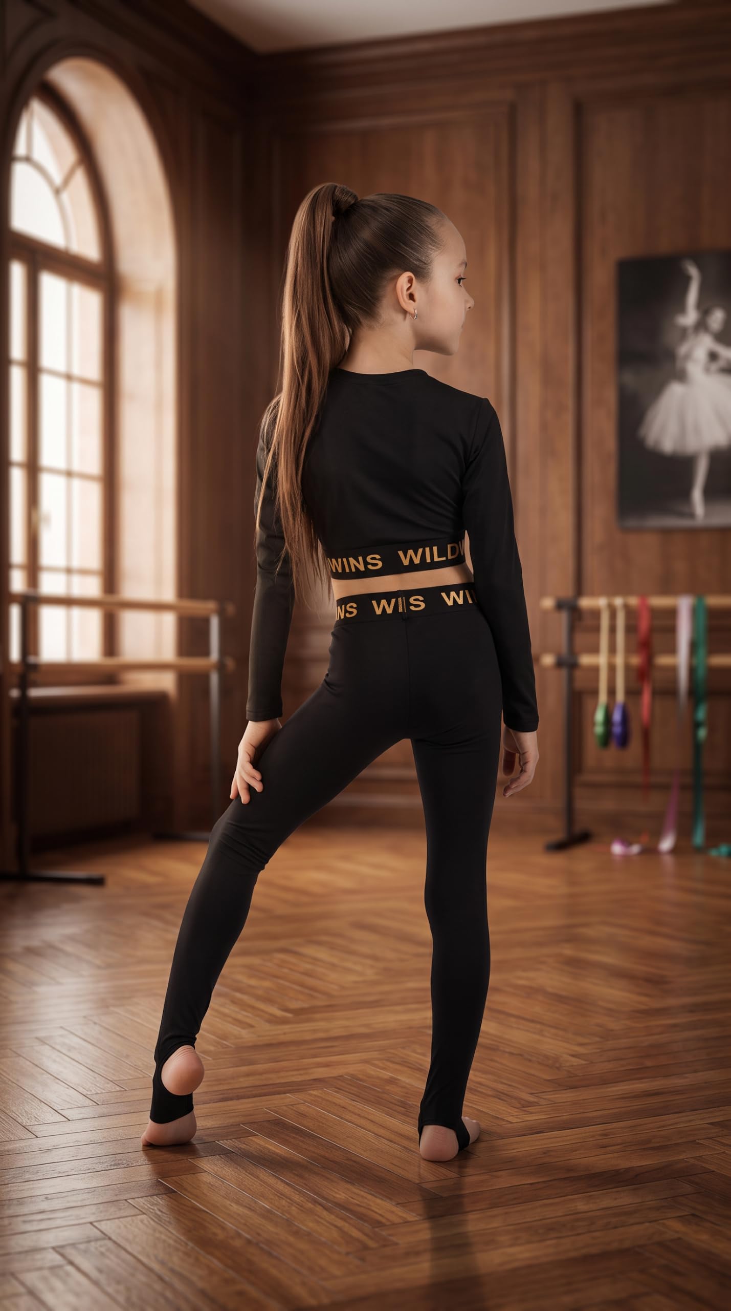 Turnhose Mädchen mit Steg – Rhythmische Sportgymnastik, Ballett & Tanz | 4-Wege-Stretch, atmungsaktiv, Mikrofaser, Schwarz/Gold