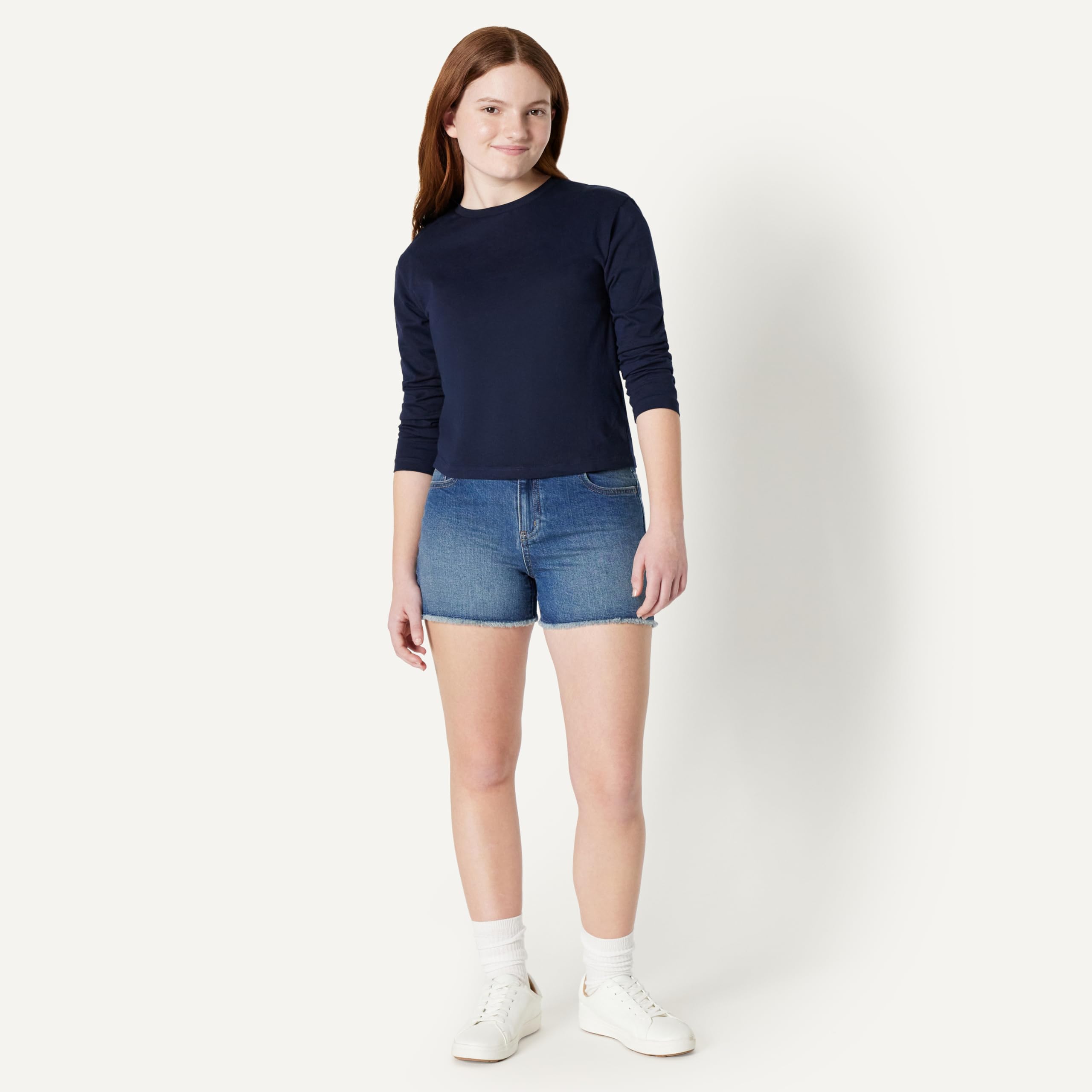 Amazon Essentials Short En Denim Découpé Moyennement Extensible, Taille Mi-Haute Fille