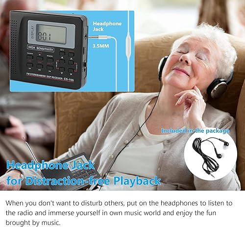 Miniatura 3 de Radio AM FM, radio digital portátil FM AM SW receptor de sintonización digital de banda completa con reloj despertador, mini radio de bolsillo para