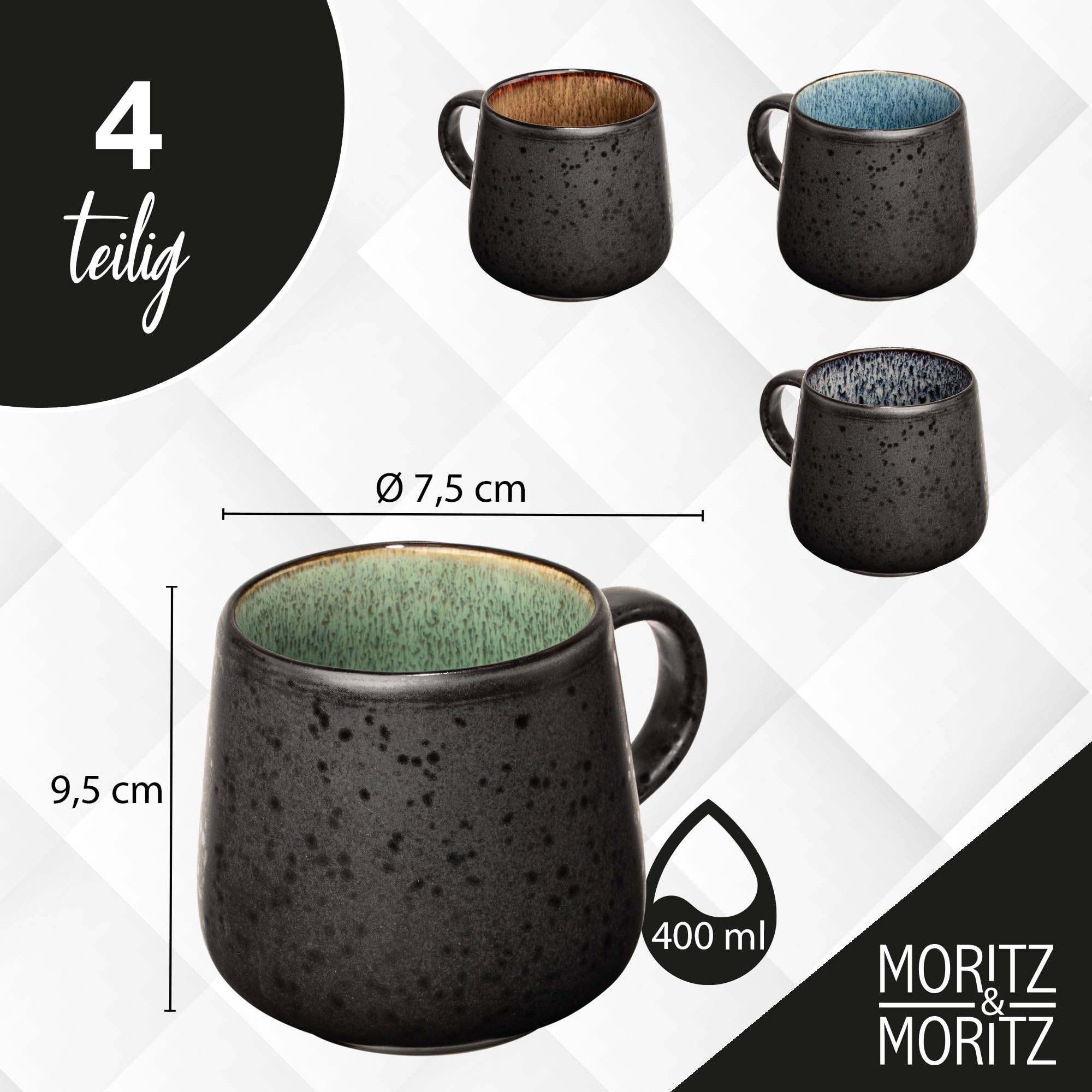 Moritz & Moritz SOLID 4er Tassen Set Bunt - Kaffeebecher Set Außen Schwarz - Robustes Steinzeug - Spülmaschinen- & mikrowellenfest - Perfekt für Kaffee, Tee & mehr