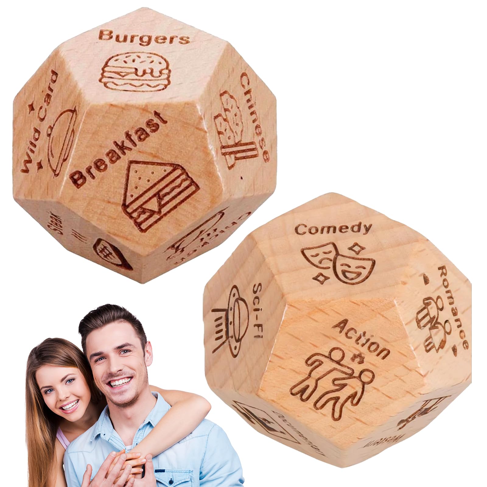 BoAn Date Night Dice for Couples(2PC) - 12-Sided Wooden Decision Dice for Food & Movie Choices | Valentine's Anniversary Birthday Gifts for Her/Him,