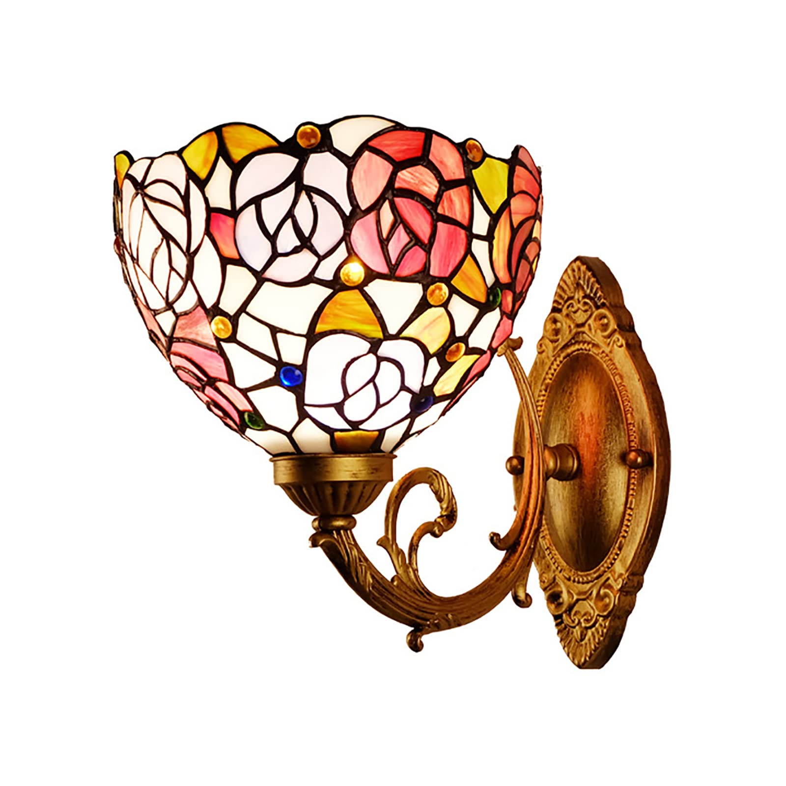 NHPJFDC Tiffany Wall Sconce, 8 Inch Cream Amber Bead Red Pink Rose Stained Glass Rustic Style Wall Light For Bedroom Stairway Bathroom Hallway, Pastoral Style E27 Wall Lamp