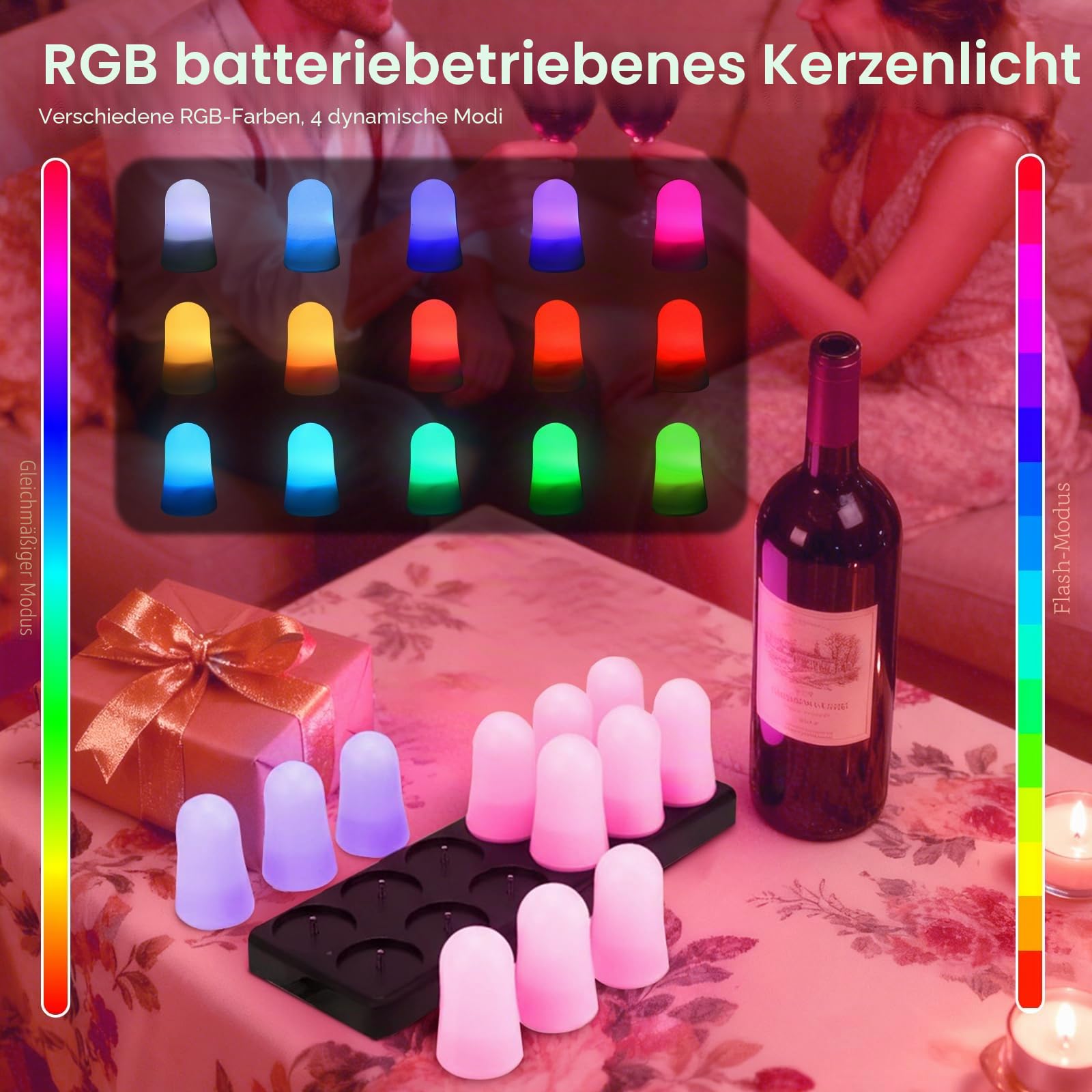 LED Teelichter RGB, 12er Pack, Mehrfarbig mit Warmweiß, Magnetische Aufladbare Basis, Fernbedienung, Ladestation, 5x5x25 cm
