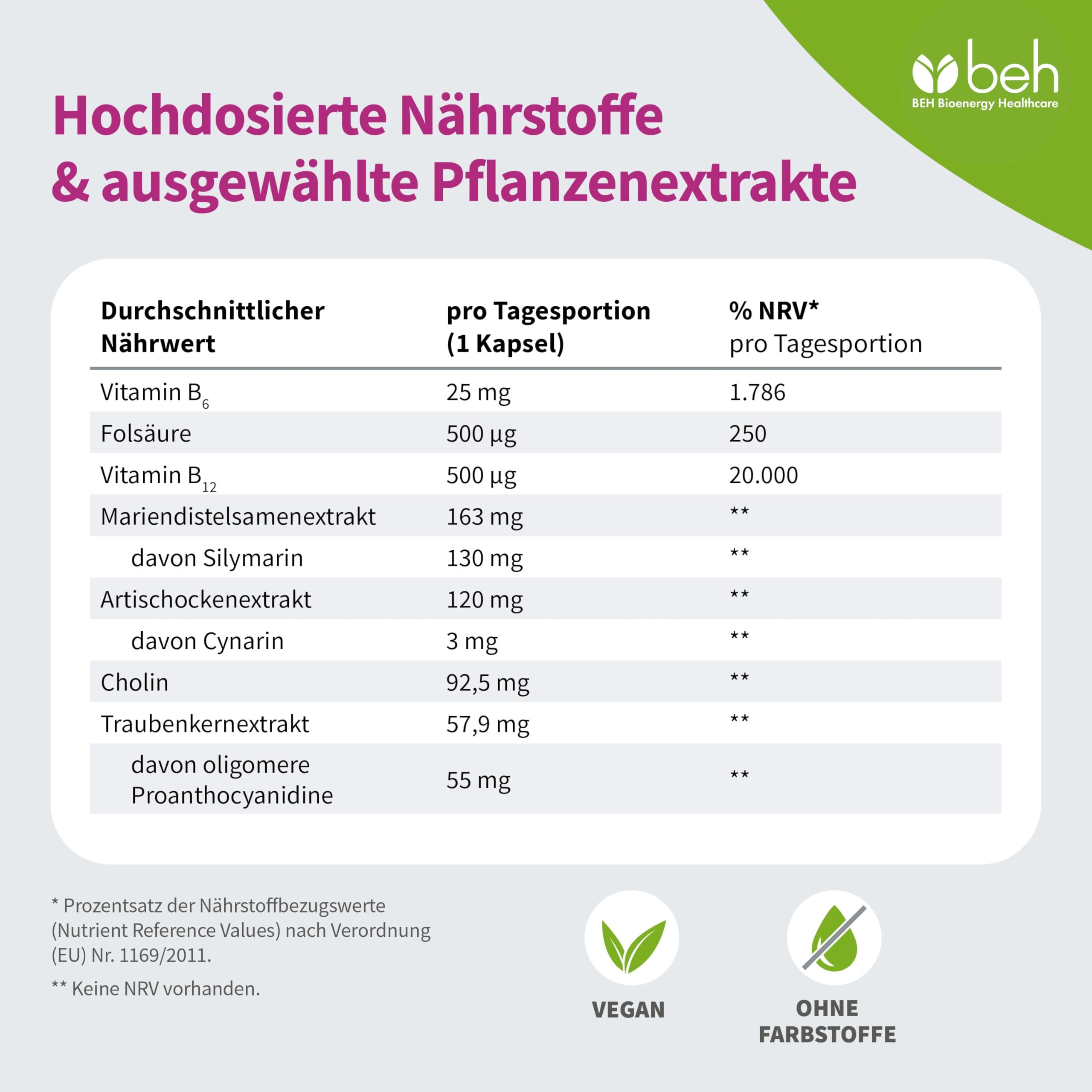 beh Leber extra Mariendistelkapseln, 90 Kapseln | Cholin hochdosiert, Traubenkernextrakt (OPC), Artischockenextrakt