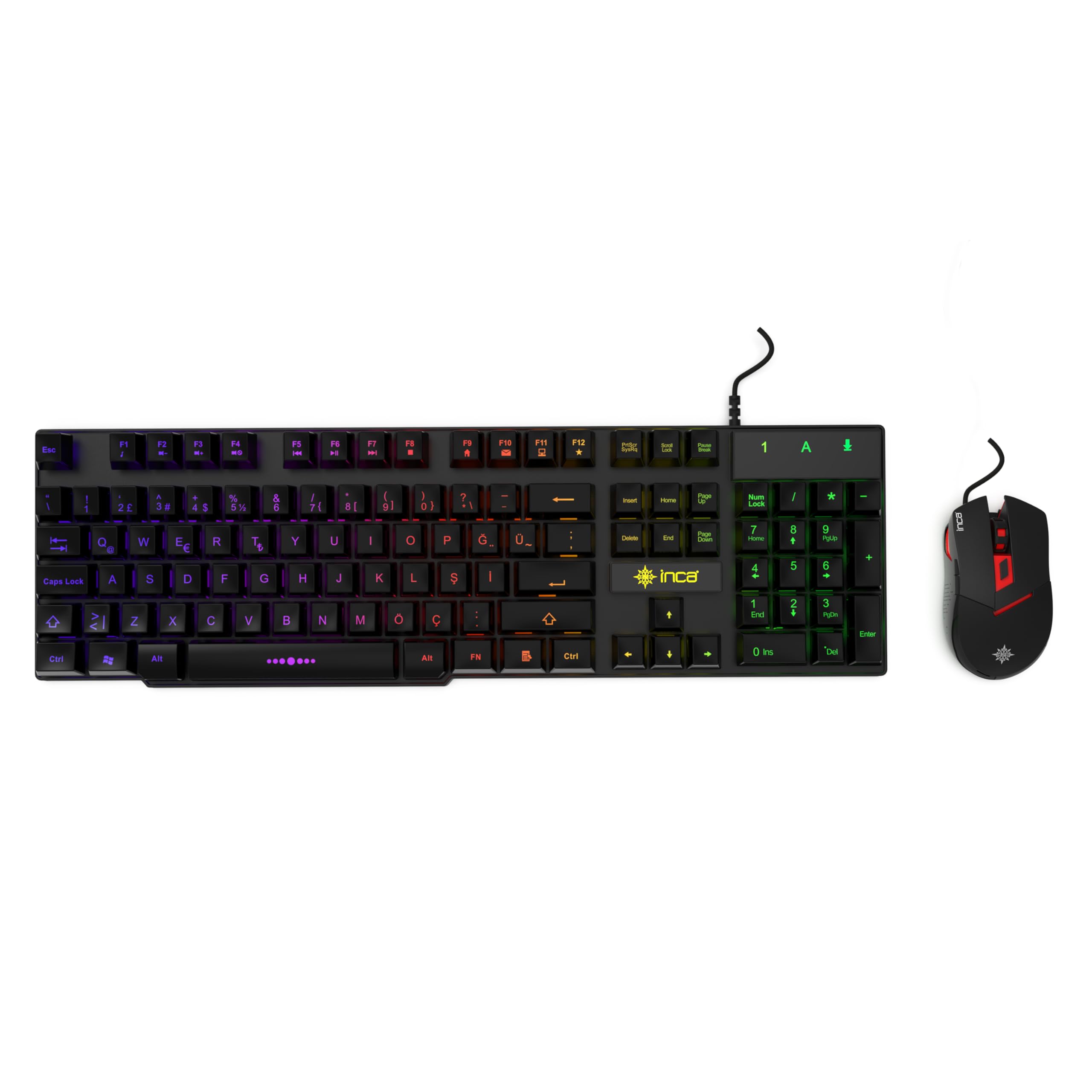 INCA IKG-448T RAINBOW EFECT MEKANİK HİSLİ GAMING KLAVYE & MOUSE SET 3 Farklı Led Aydınlatma Seçeneği,Oyunculara Özel Tasarlanmış Tuş Mesafesi