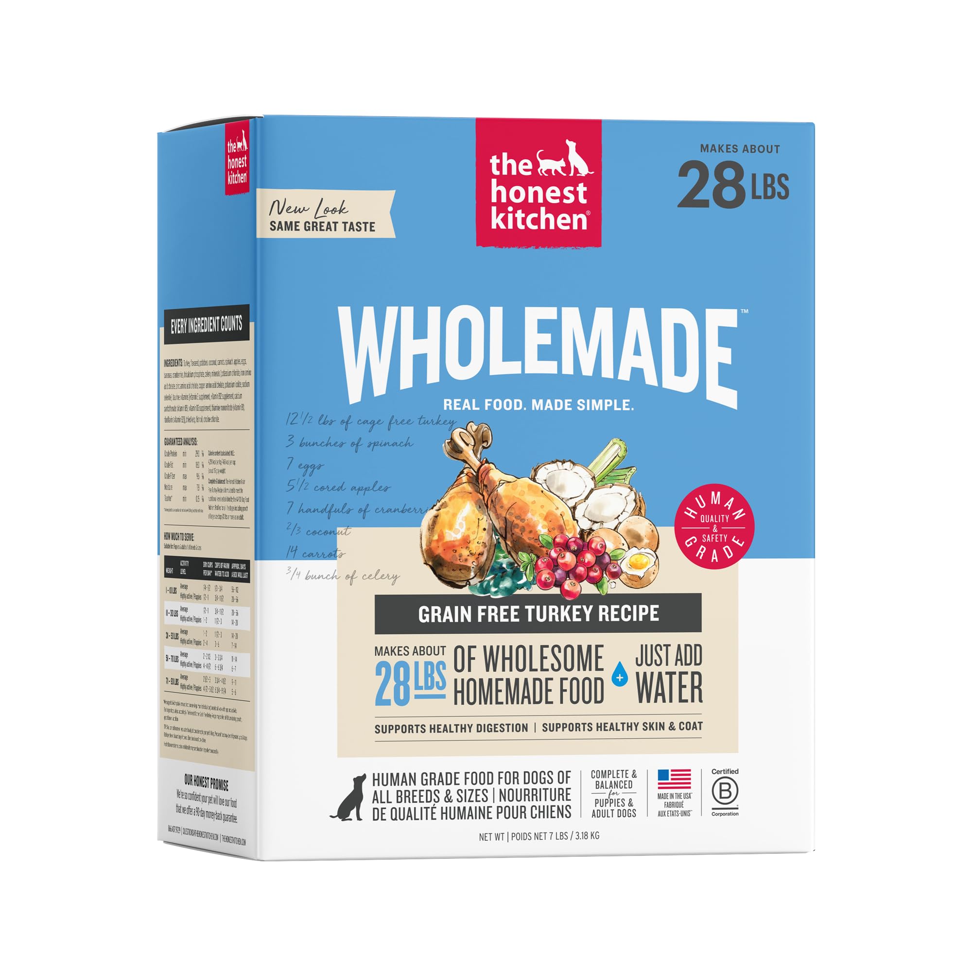 The Honest Kitchen Wholemade Grain Free Turkey Recipe, Human Grade Dehydrated Dog Food, Just Add Water, Supports Healthy Digestion, Skin &amp; Coat, Topper for Dry or Wet Dog Food, 7 lb Box Makes 28 lbs