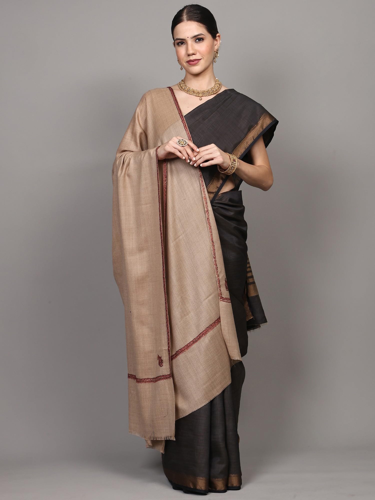 Exotic India Plain Kashmiri Kingri Shawl with Sozni Hand-Embroidery on Border