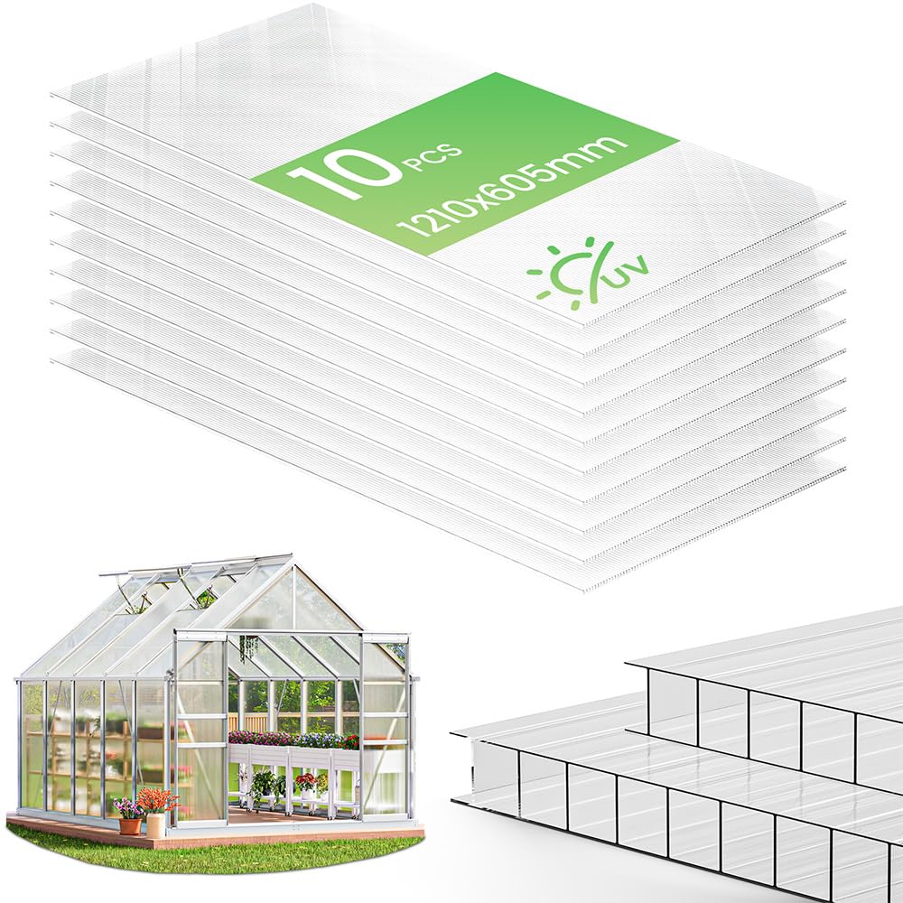 VOUNOT® 10 Placas de Policarbonato 6mm, 60,5x121cm, 7,3 m², Resistentes a Rayos UV y Golpes, Planchas Alveolares Transparente para Invernadero, Tejados, Jardín y Garajes