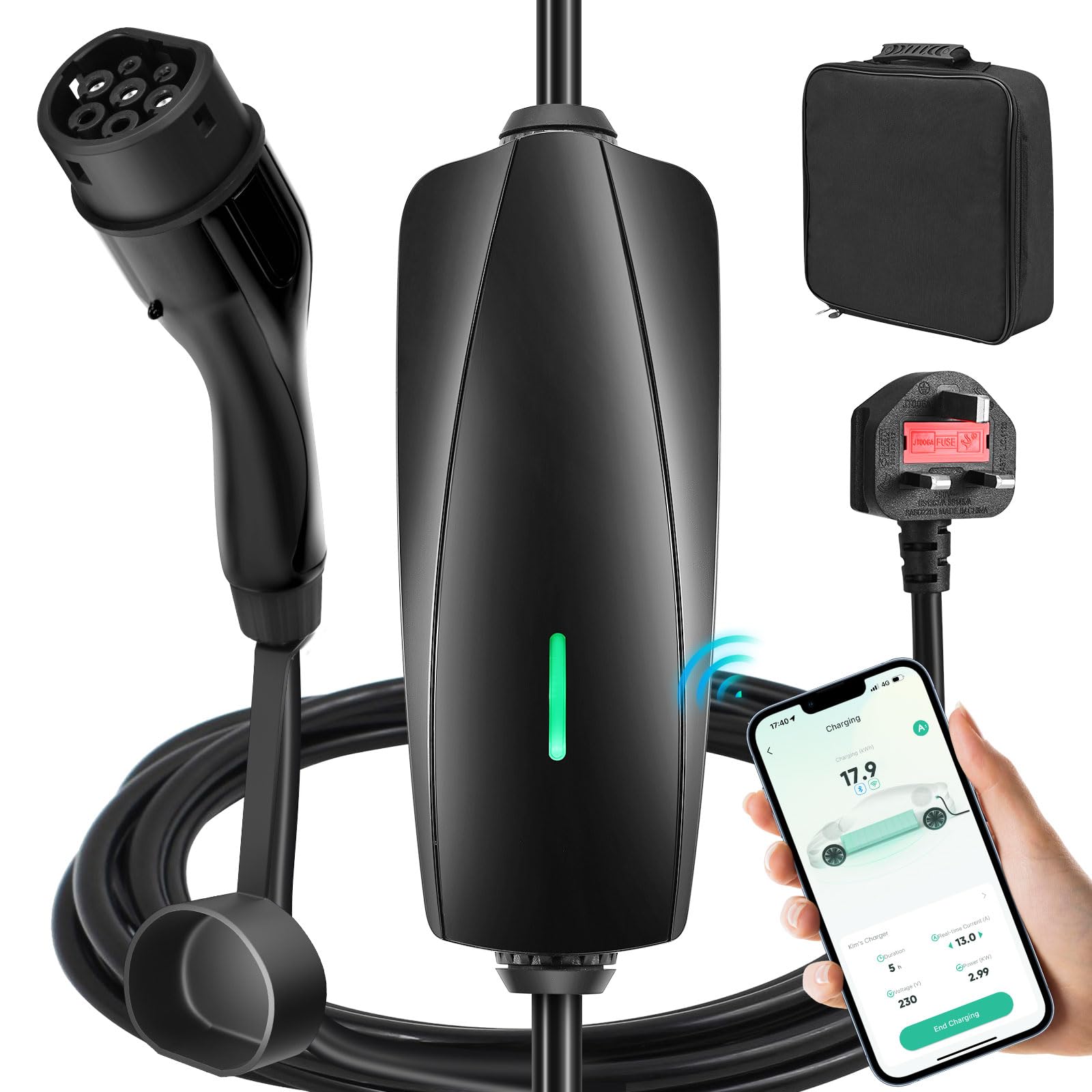 EvjuicionEV Charger APP Control 6M, 6-13A Adjustable Current, 0-24 Hours Delayed Timer, Max. 3.3kW, EV Charger Cable Type 2 to 3 Pin Plug, Wifi & Bluetooth Connection, IP65 Waterproof