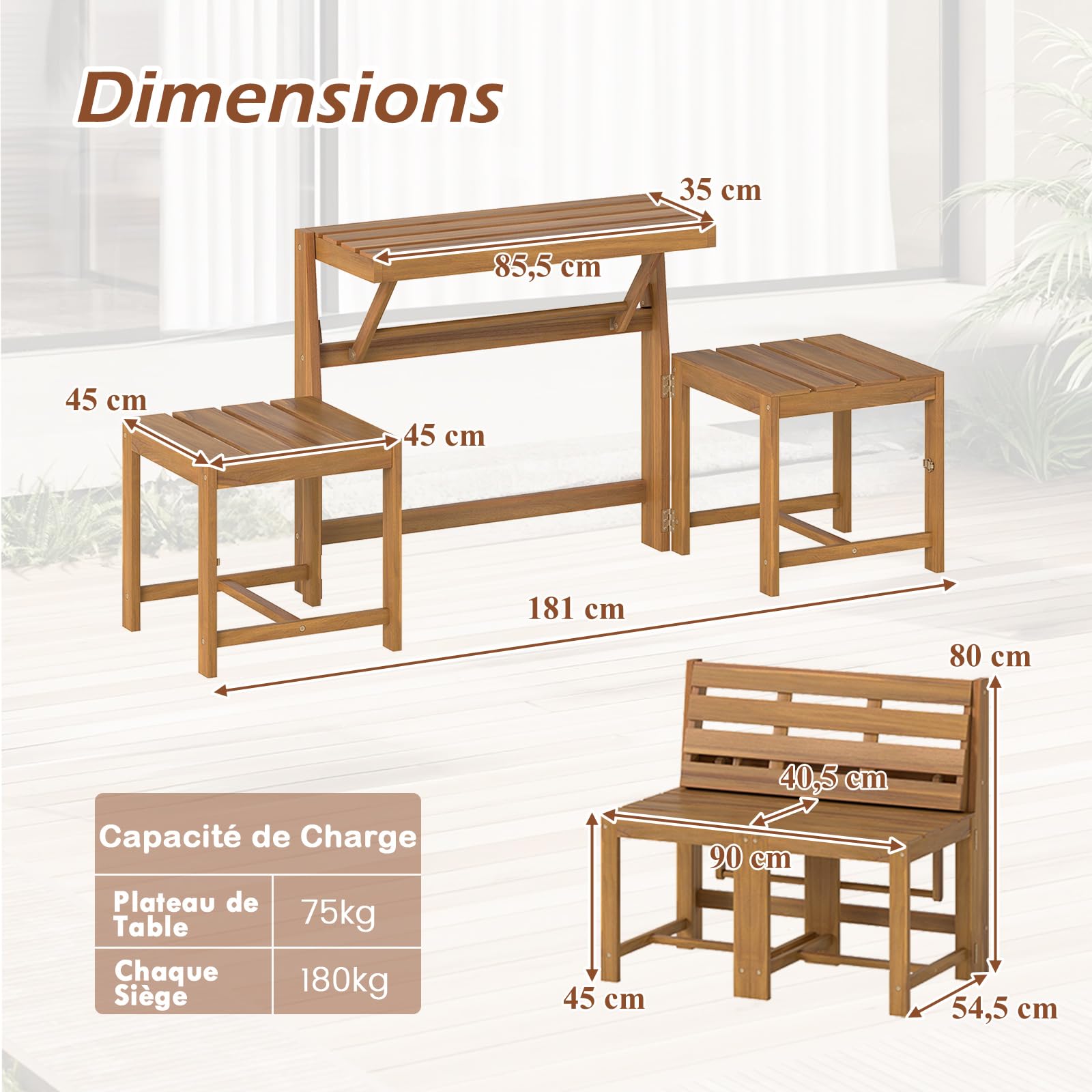 GOPLUS Salon de Jardin Extérieur 3 en 1 Banc Convertible Acacia Pliant 2 Personnes FSC Naturel