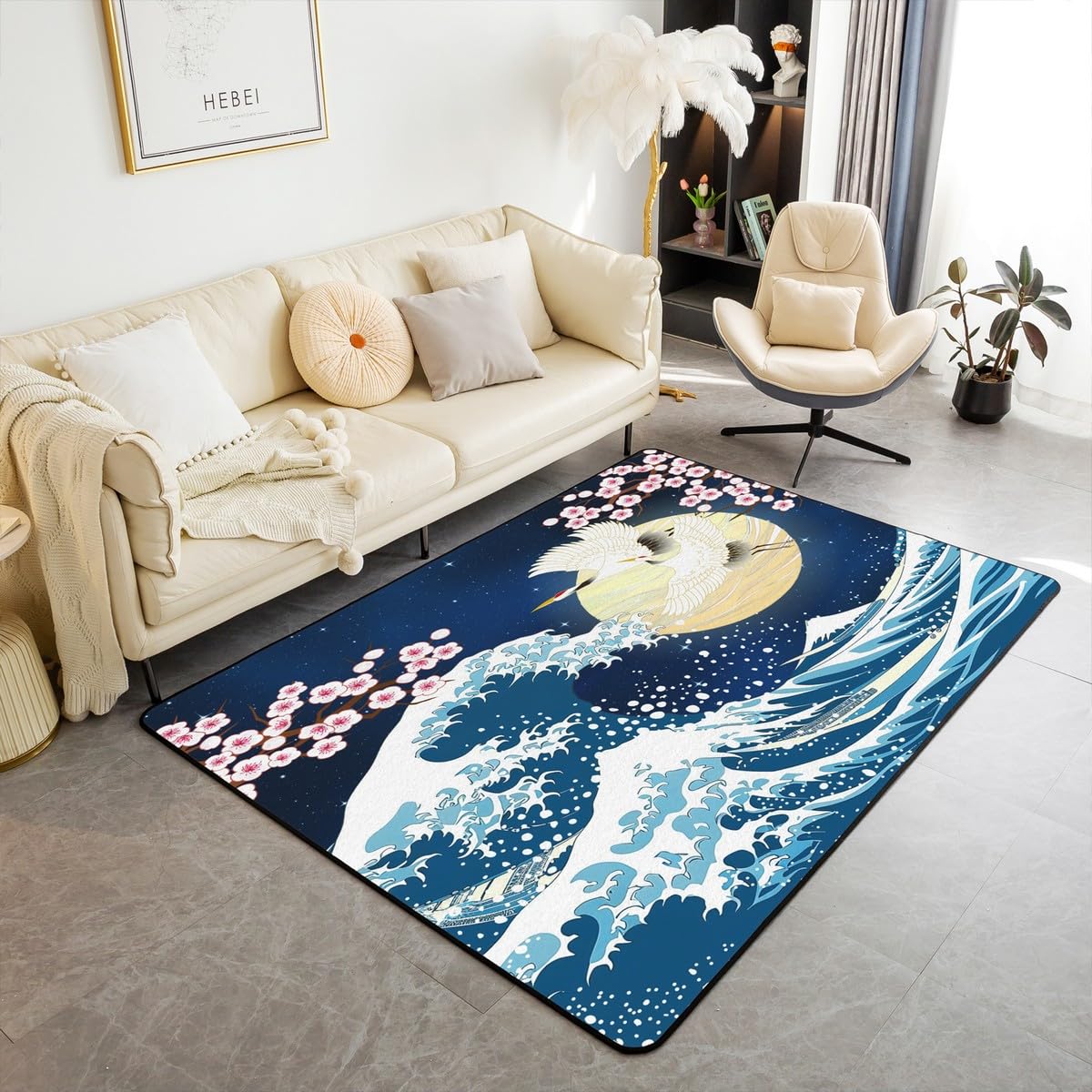 Homemissing Tapis décoratif à motif de vagues japonaises pour enfants, garçons, filles, adolescents, motif Hokusai, décoration d'intérieur, salon, tapis de sol d'intérieur de style japonais, 100 x 150