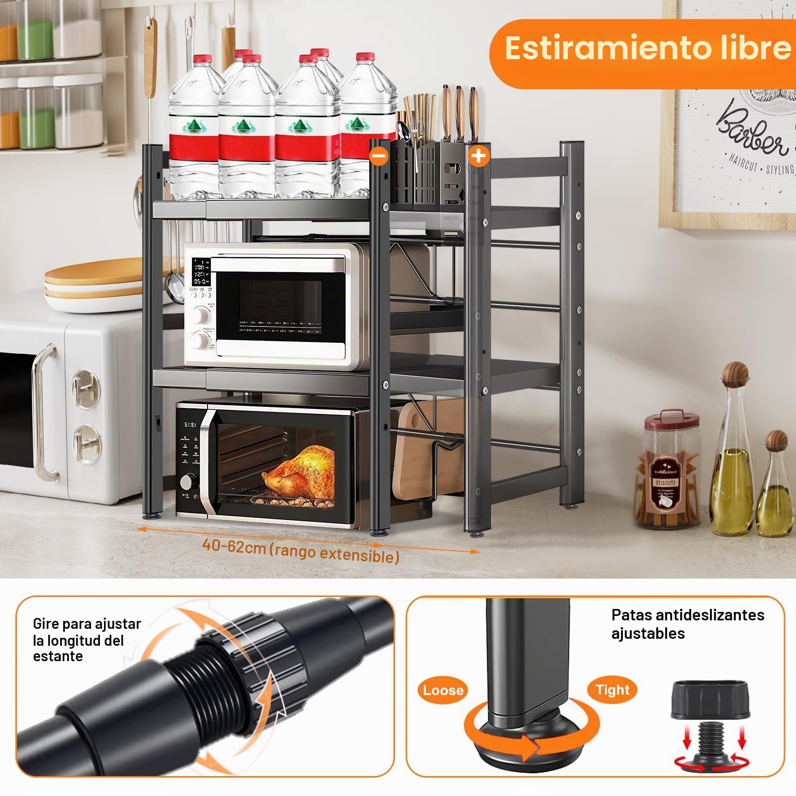 Estante Extensible para Microondas con Ganchos, Reposacuchillos, Portapalillos y Soporte para Tablas de Cortar - Estante Expandible de 3 Niveles para Almacenamiento en Cocina y Hogar