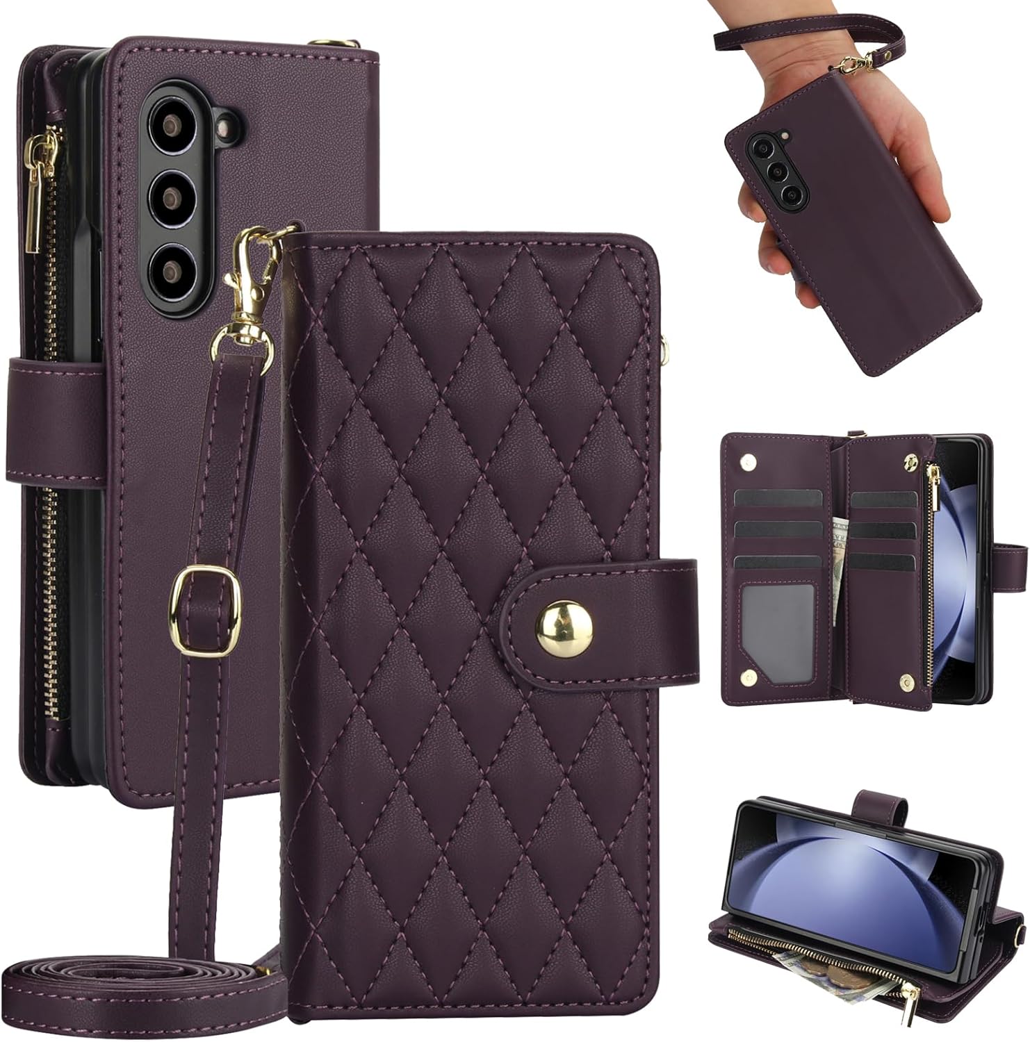 Asuwish Phone Case for Samsung Galaxy Z Fold 5 5G 2023 with Zipper Wallet Cover Card Holder Slot Stand Flip Wrist Strap Mobile Leather Cell Accessories ZFold5 Z5 G Fold5 ZFold 5Z Women Men Black
