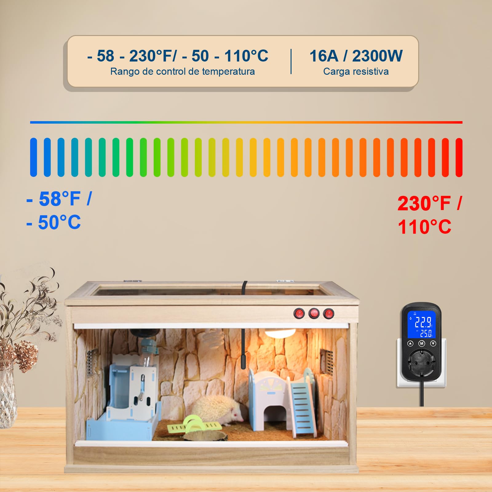 KETOTEK KT2000 Controlador de Temperatura Digital con Sonda Impermeable – Termostato de Enchufe para Calefacción y Refrigeración – para Reptiles, Acuario, Terrario, Invernadero
