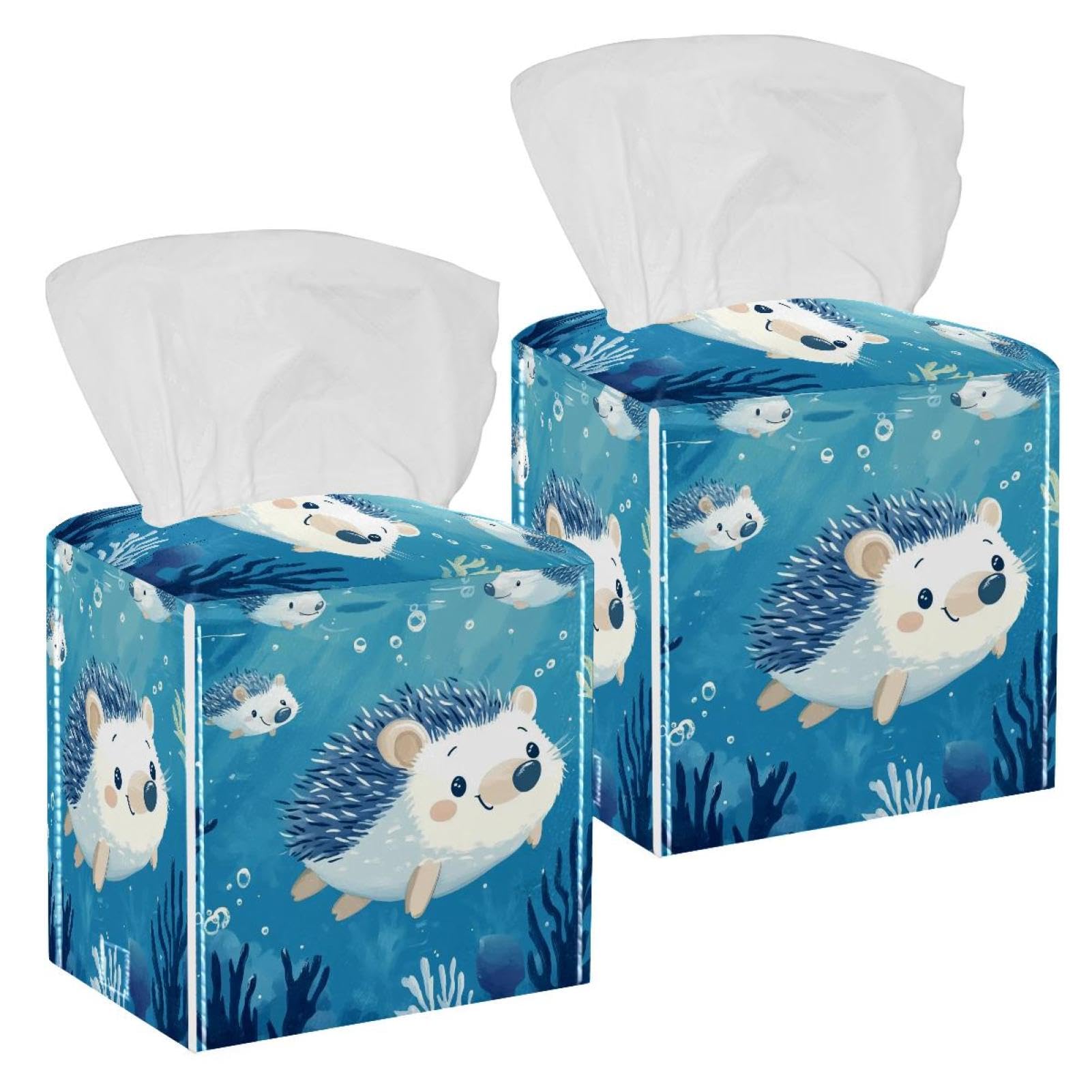 Cute Hedgehog Tissue Box Cover, 2 Pack PU Leather Square Facial Tissue Dispenser Box holder for Home Office Car