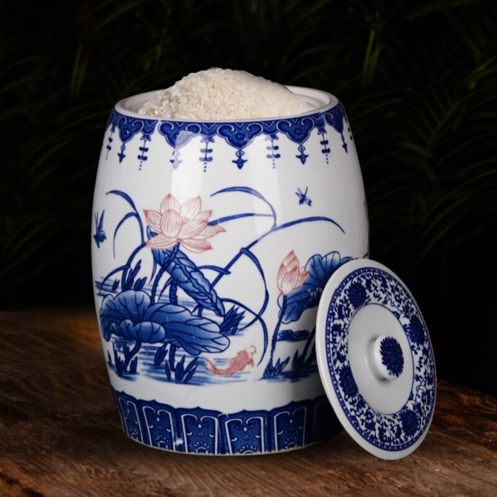 Porcelana Azul Y Blanca Tarro De Arroz De Cerámica Cubo De Arroz Hermético Con Tapa Dispensador De Granos De Arcilla De Caolín Regalo De Inauguración(D,15kg)