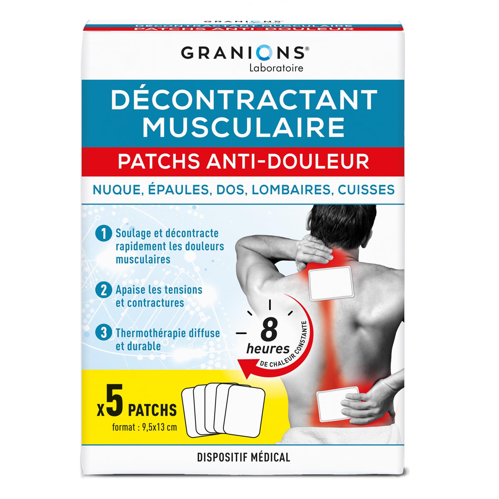 GRANIONS DECONTRACTANT MUSCULAIRE PATCHS ANTI-​DOULEUR effet chauffant - Nuque, épaules, dos, lombaires, cuisses - 8 heures de chaleur diffuse et constante - action rapide - 5 patchs Dispositif médical
