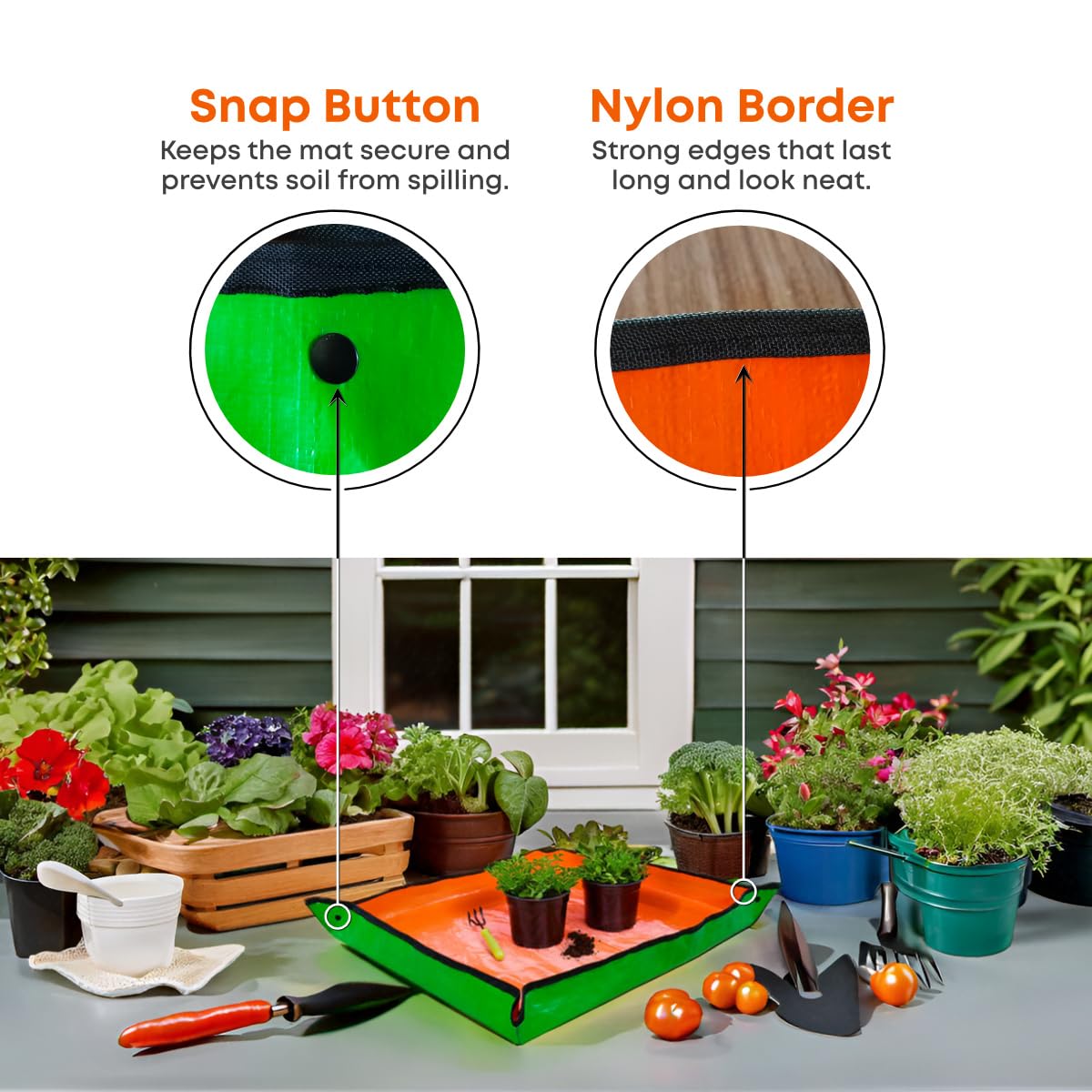 Casa De Amor Gardening Mat 75x100 cm | Waterproof & Foldable HDPE Mat with Snap Buttons | for Soil Mixing, DIY & Plant Care | Green-Orange (Pack of 1) - Image 9 thumbnail