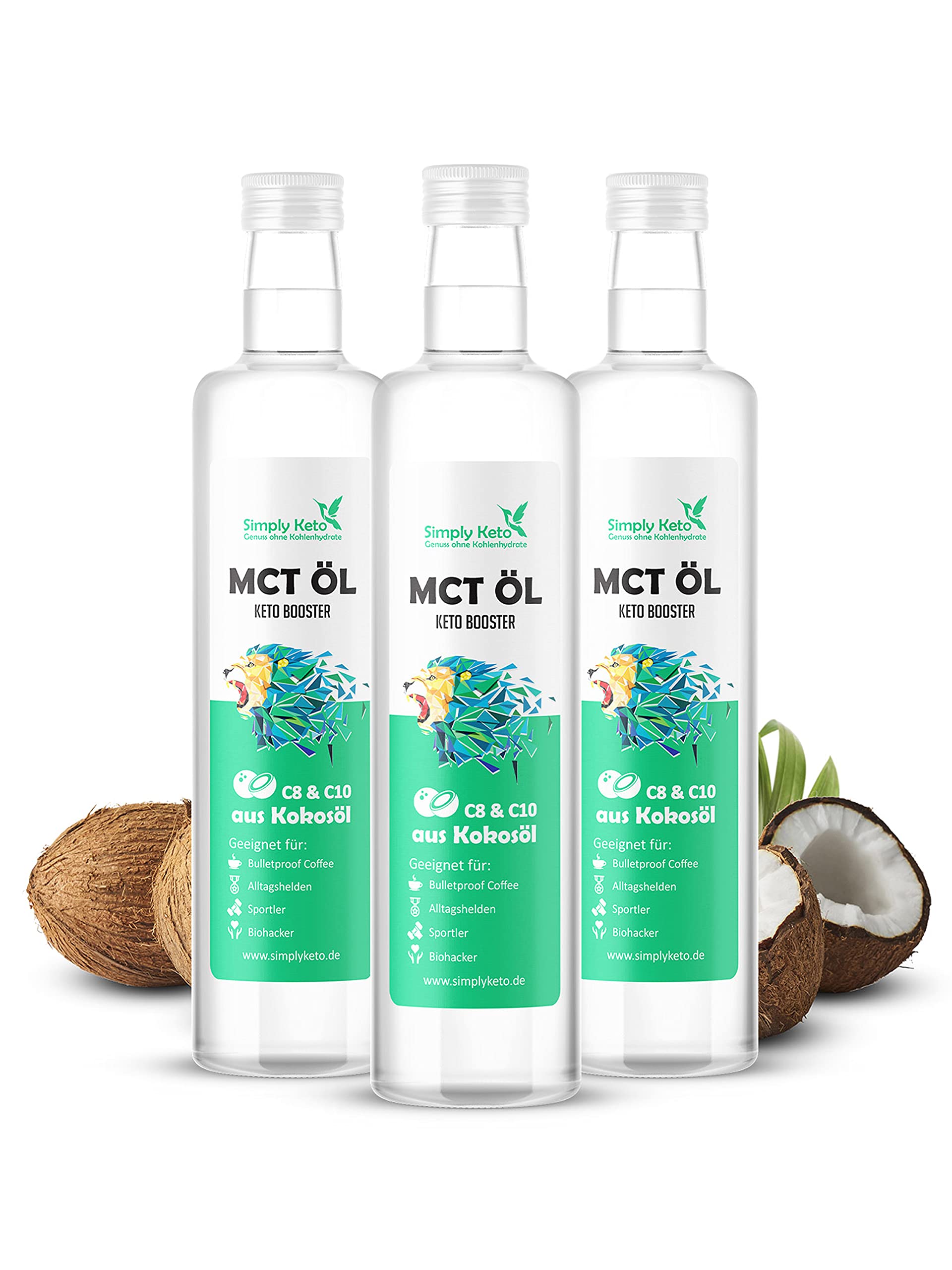 Simply Keto MCT Öl (3x500ml) - Keto Booster aus 100% Kokosöl - 70% Caprylsäure C8 und 30% Caprinsäure C10 - Vegan & Palmölfrei - Optimal für ketogene Ernährung & Bulletproof Coffee - 3x500ml