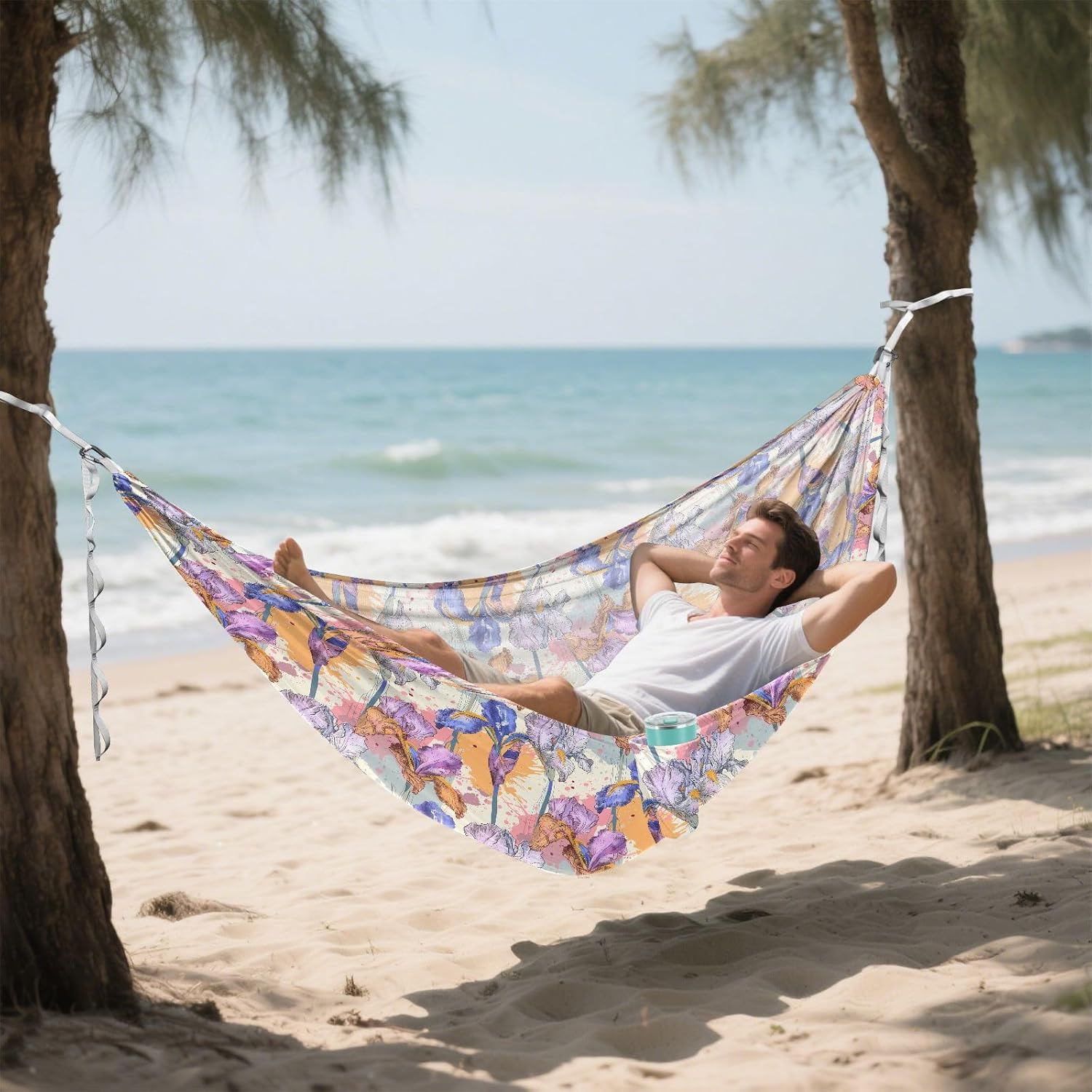 ALAZA Colorful Iris Flowers Camping Hammocks Single or 2 Person 500 lbs Portable Parachute Travel Hammock w/Tree Straps for Hiking Backpacking Indoor Outdoor