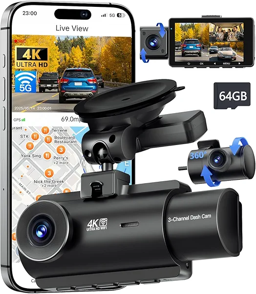 QCONTROL® 4K 5G WiFi 3 Channel Dash Cam Front and Rear Inside, 4K+1080P+1080P Dash Camera for Cars, GPS Dashcam, Car Camera with 3-Inch Screen, IR Night Vision, 24Hr Parking Mode, G-Sensor, 64GB Card