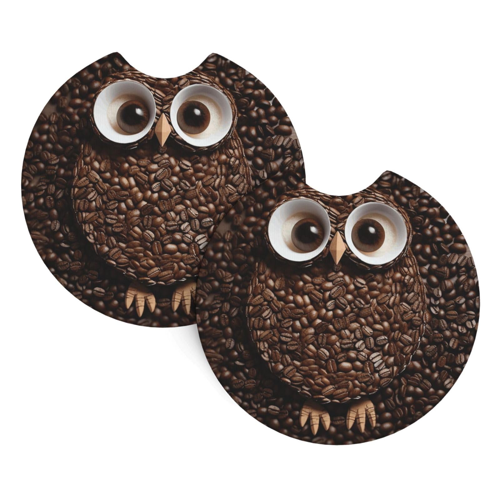 2PCS Car Coaster for Cup Holders Universal Auto Cup Mat Coffee Bean owl Cup Coaster Pad 2.7" Waterproof Neoprene Non-Slip Cup Holder Coasters Car Interior Accessories for Women Men