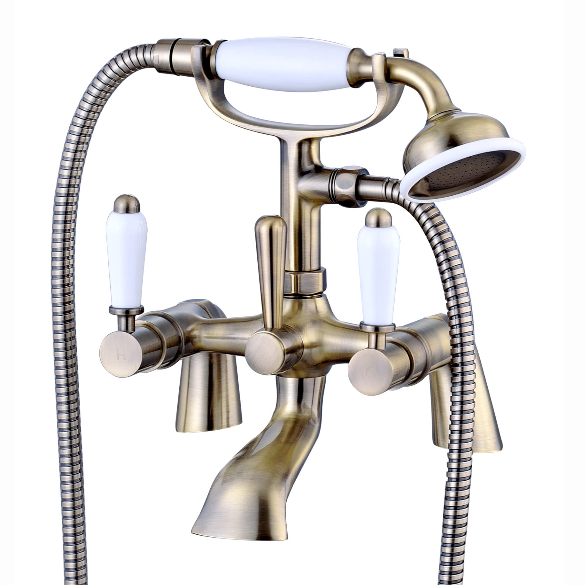 Enki Antique Brass Downton, Bt0808 Bath Shower Mixer Tap With White Ceramic Levers